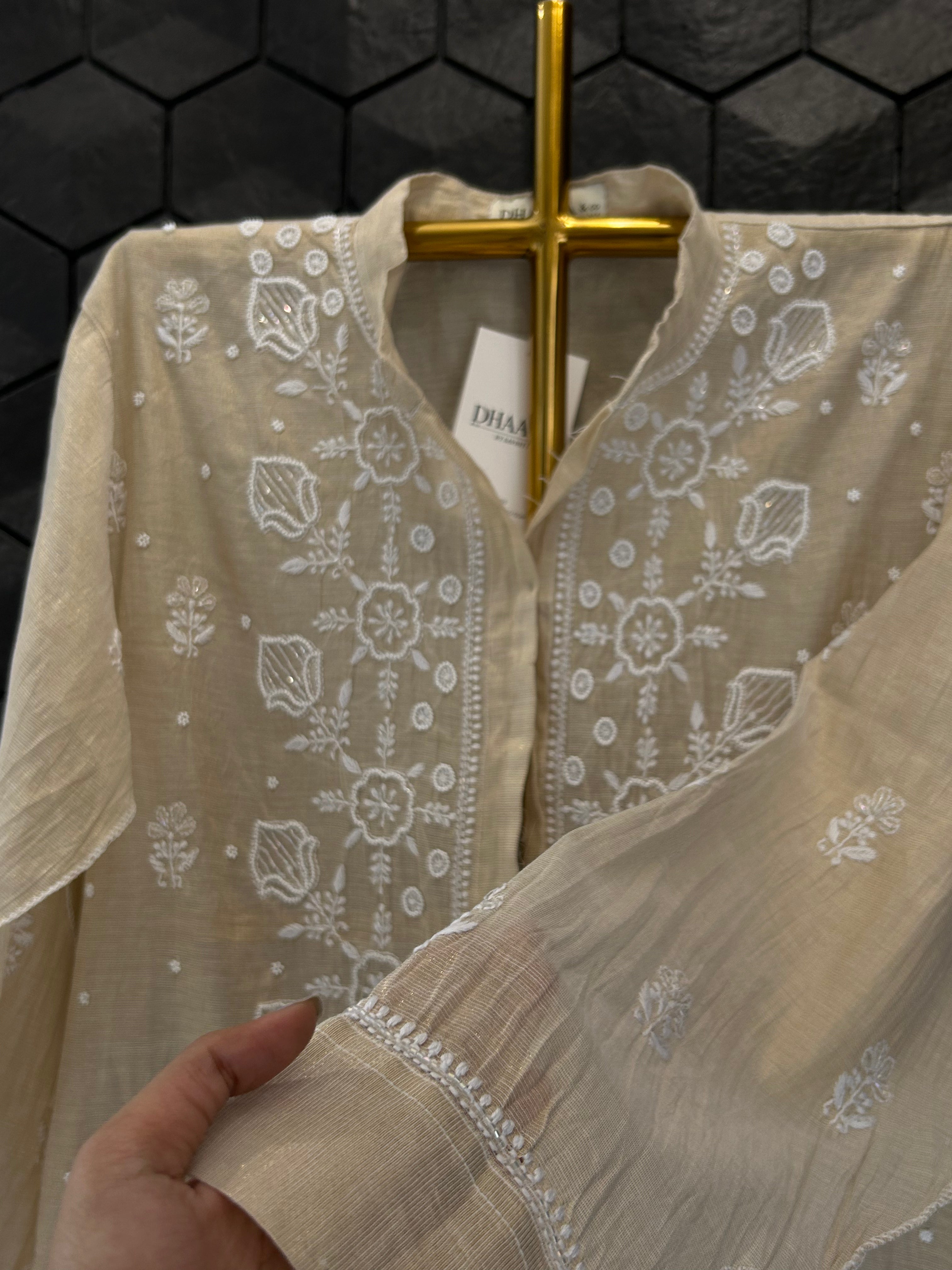 Beige Golden Tissue Chikankari Co-ord sets