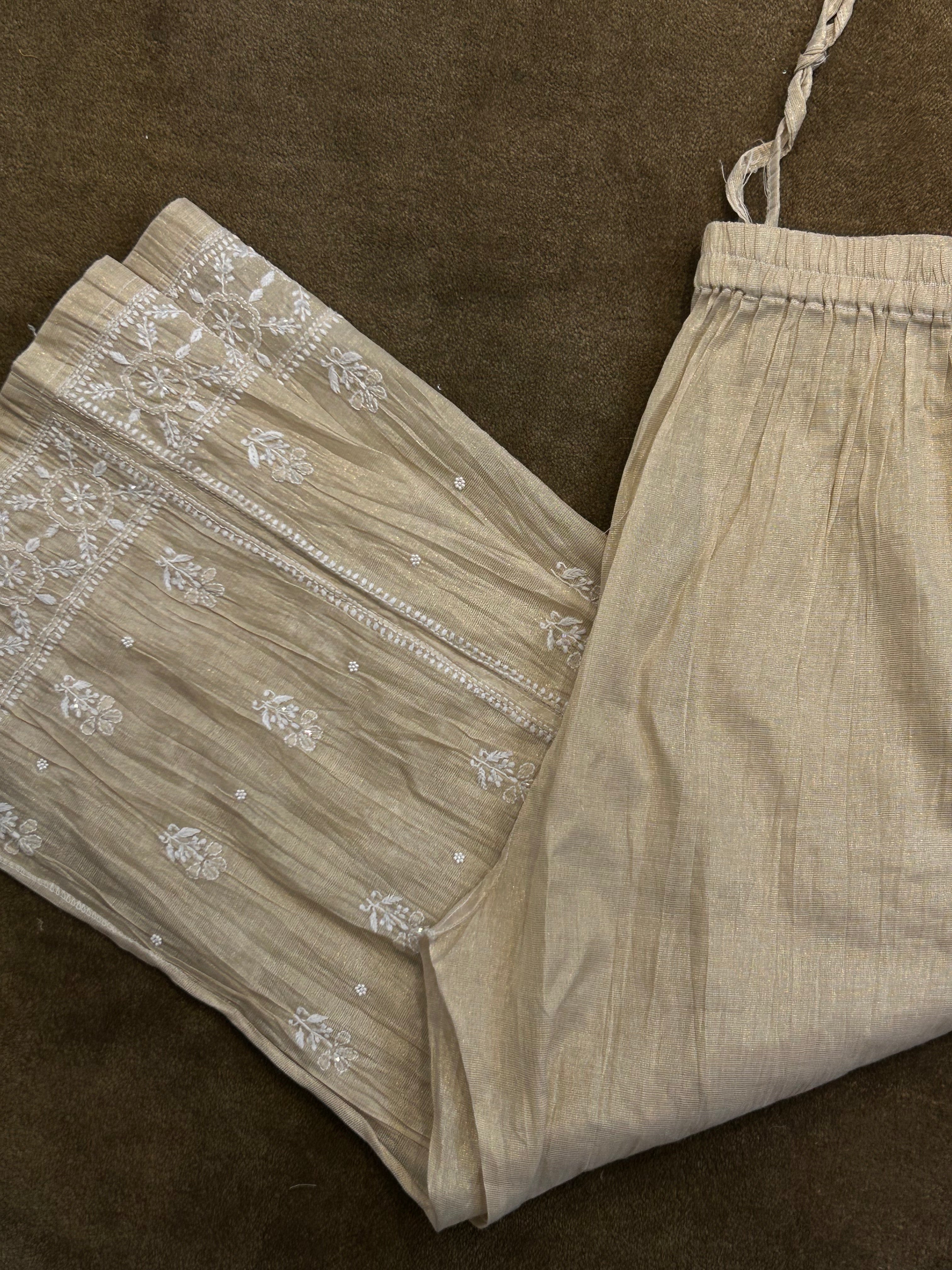 Beige Golden Tissue Chikankari Co-ord sets