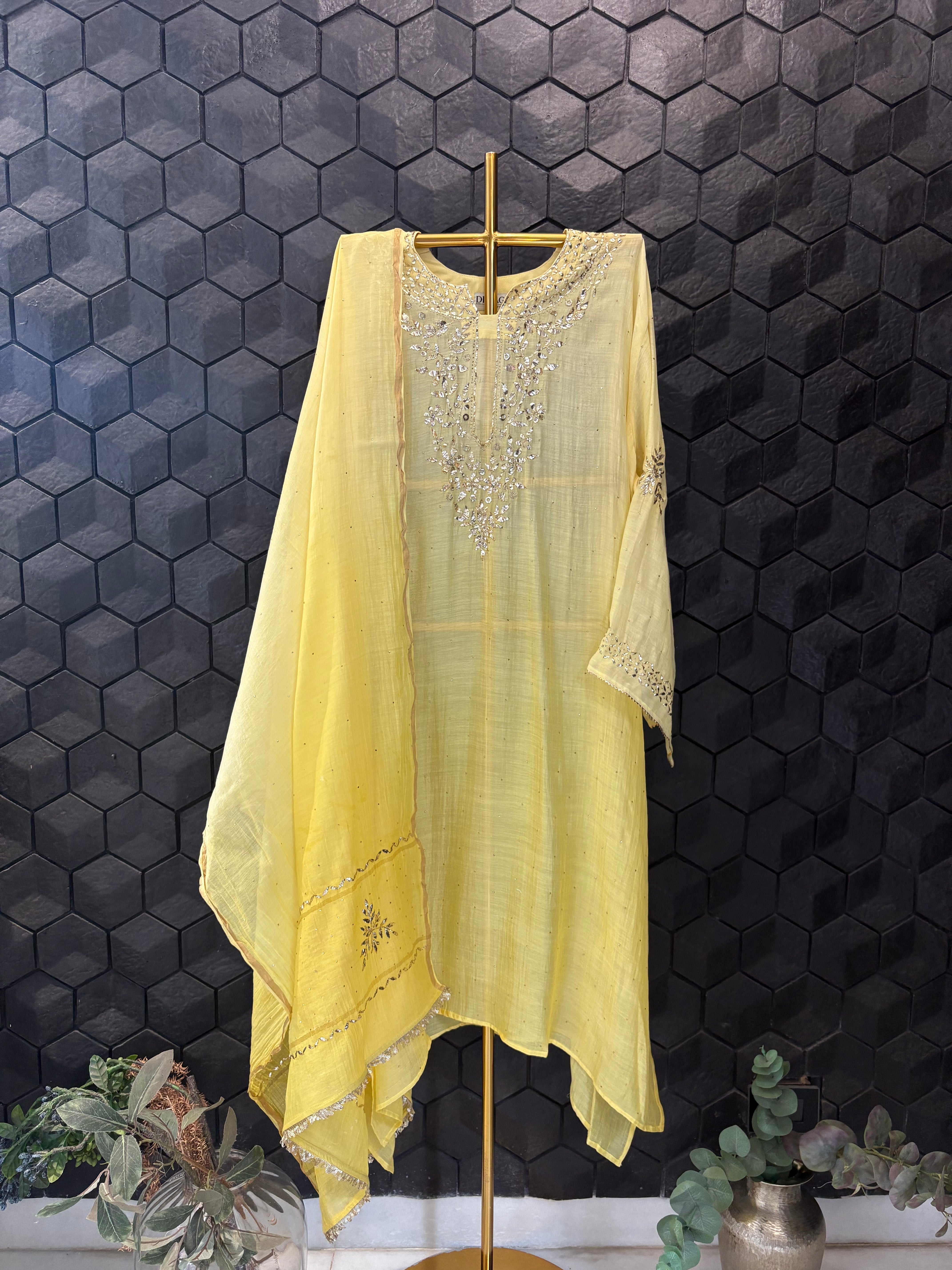 Yellow Mul Chanderi Mukaish Kurta Set