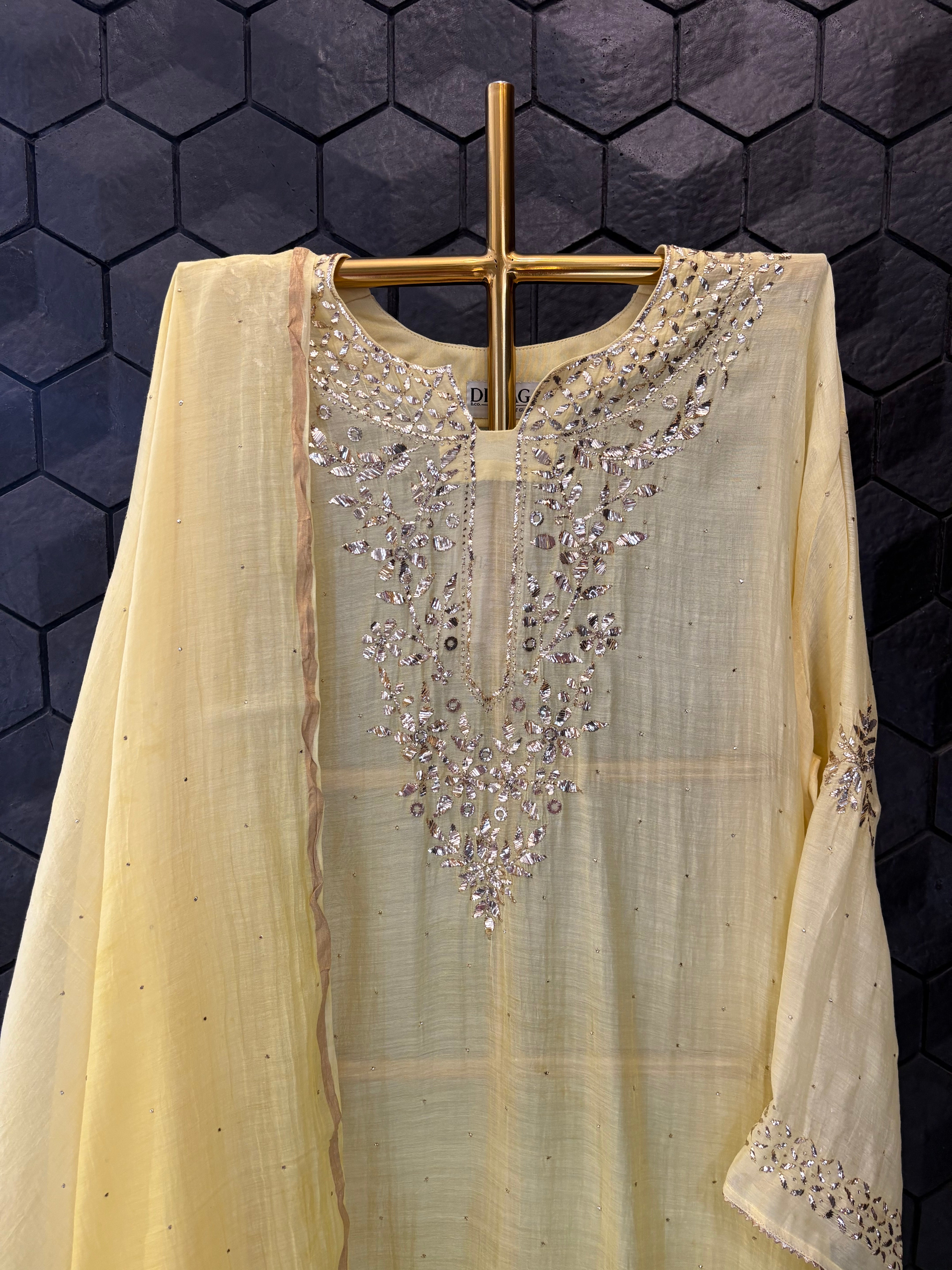 Yellow Mul Chanderi Mukaish Kurta Set
