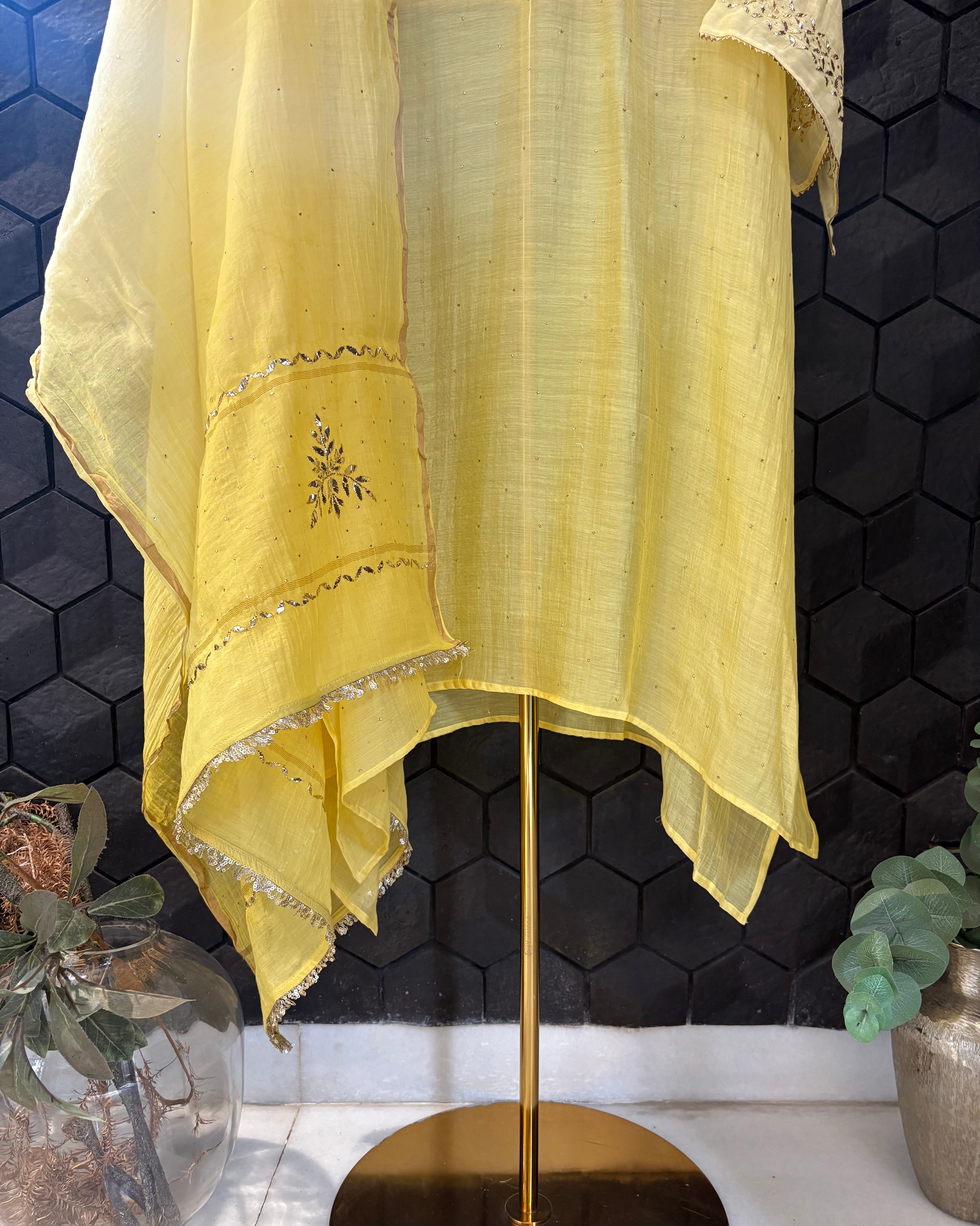 Yellow Mul Chanderi Mukaish Kurta Set