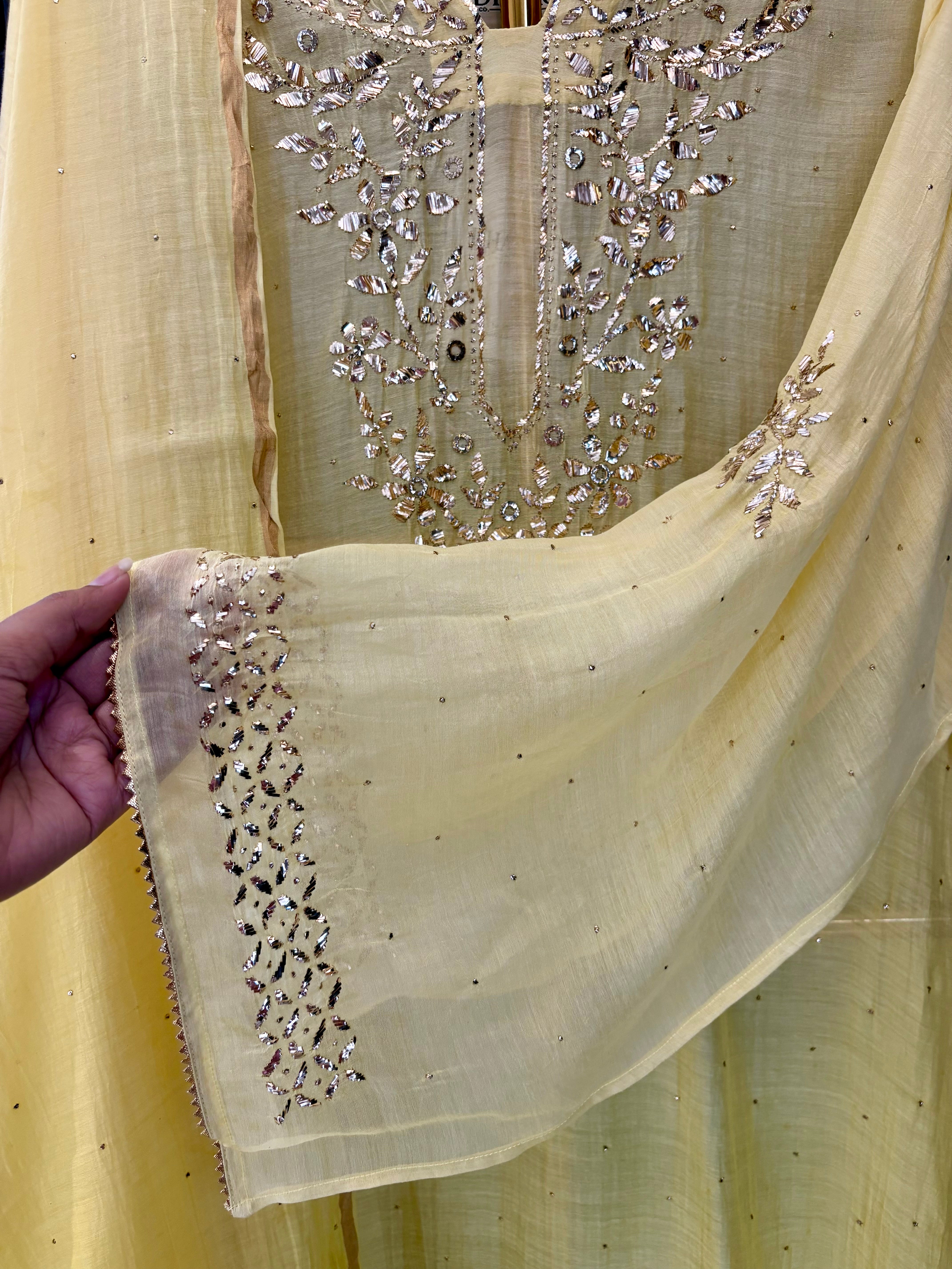 Yellow Mul Chanderi Mukaish Kurta Set