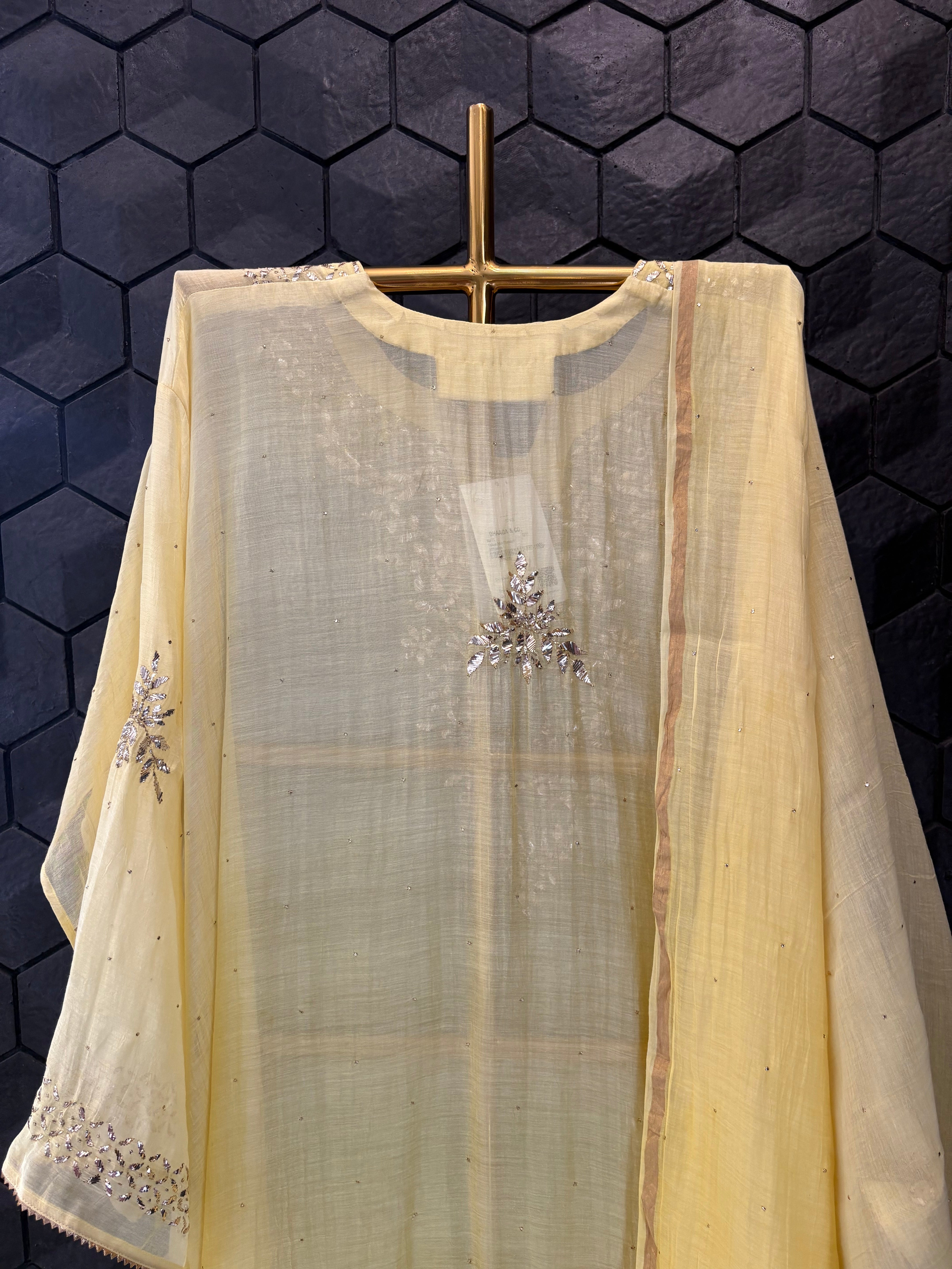 Yellow Mul Chanderi Mukaish Kurta Set