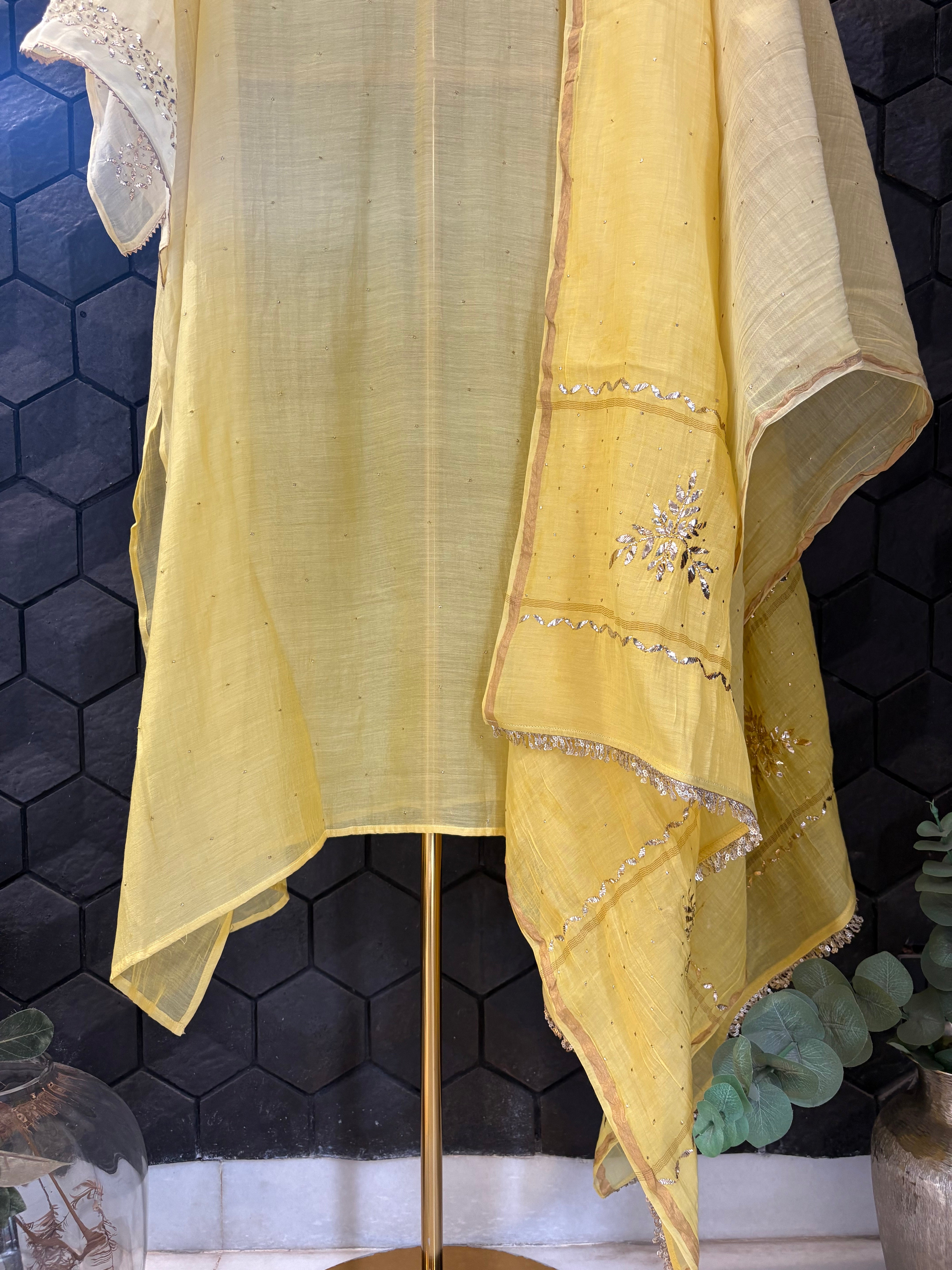 Yellow Mul Chanderi Mukaish Kurta Set