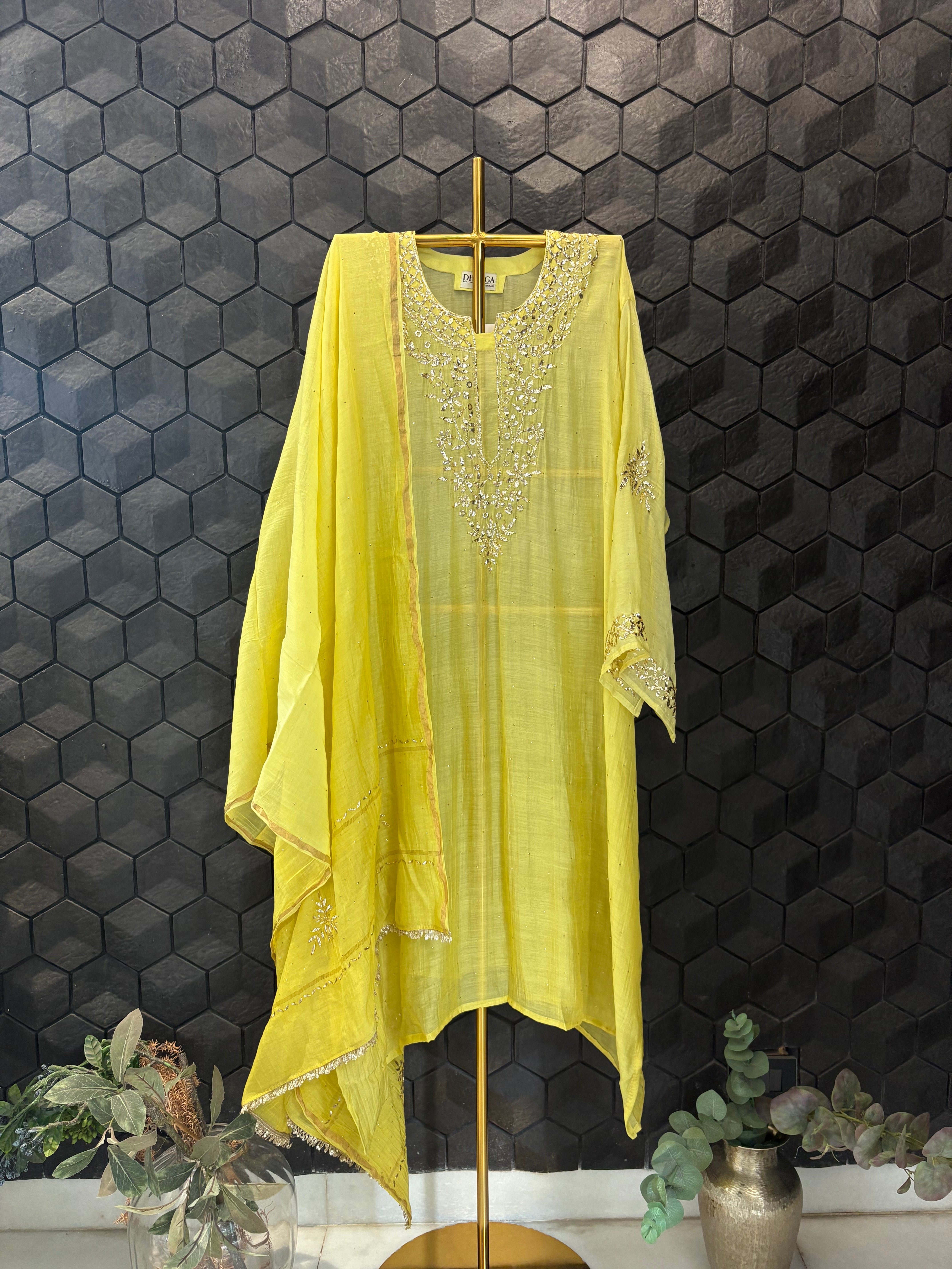 Lime Green Mul Chanderi Mukaish Kurta Set