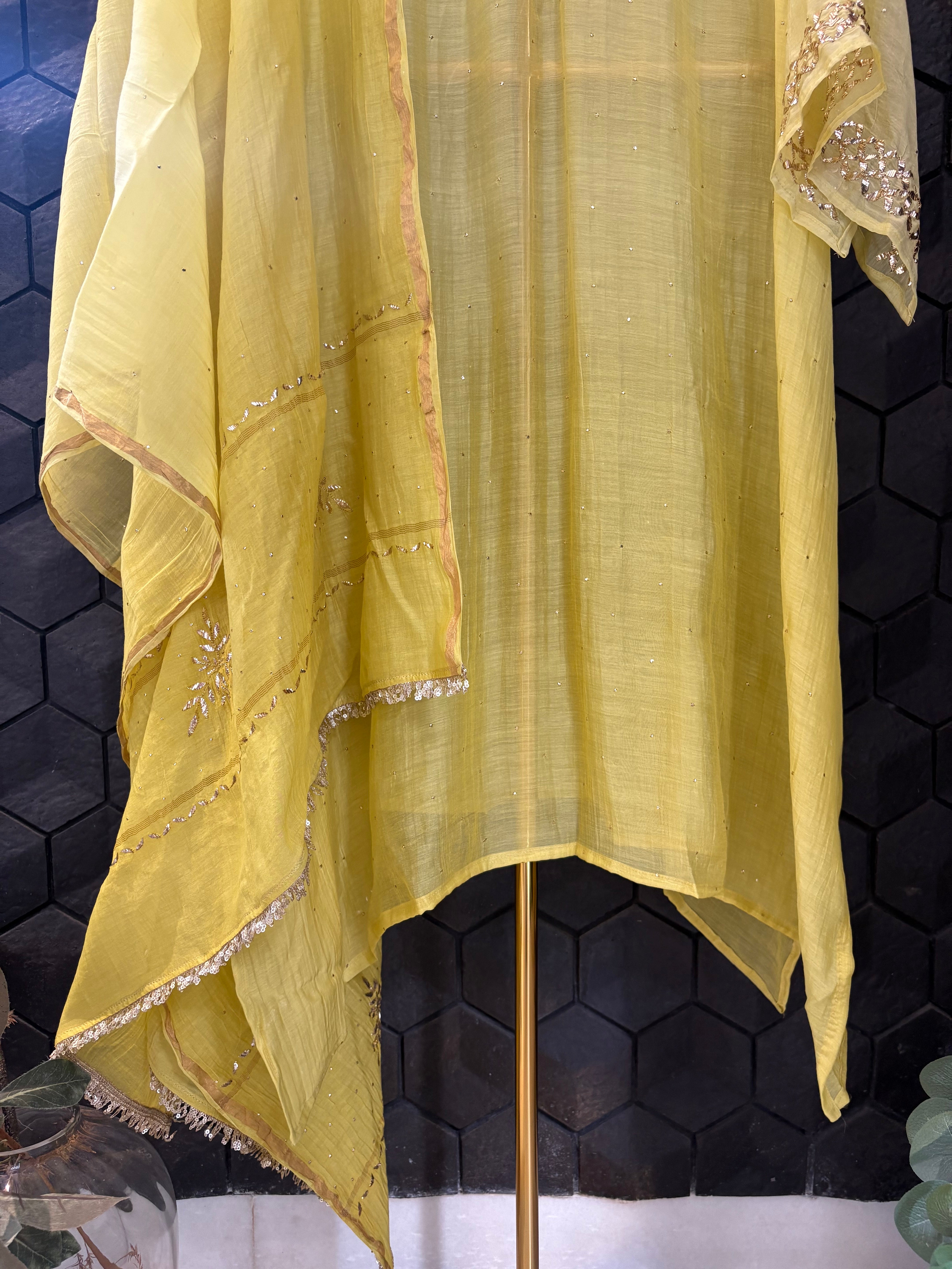 Lime Green Mul Chanderi Mukaish Kurta Set