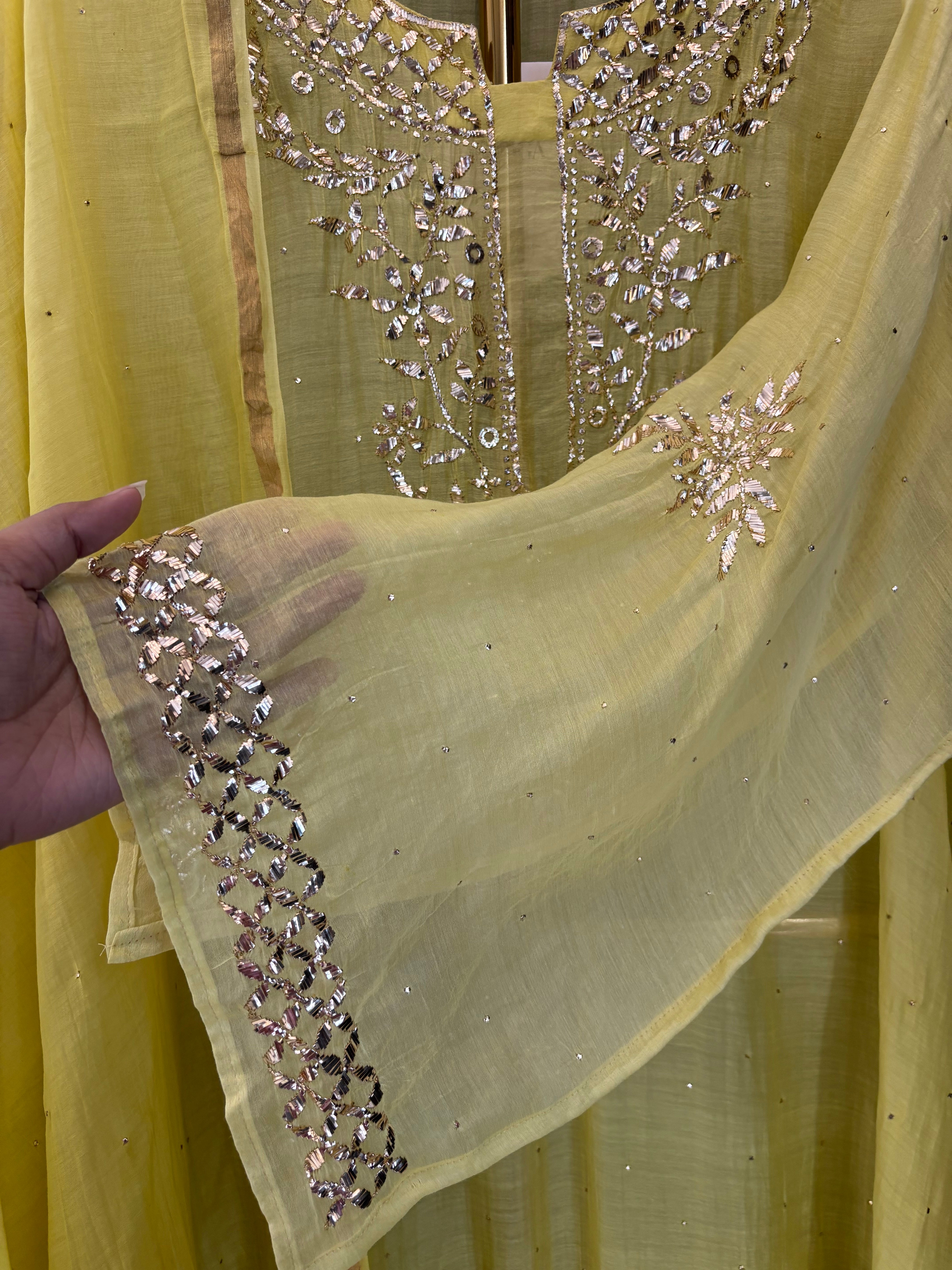 Lime Green Mul Chanderi Mukaish Kurta Set