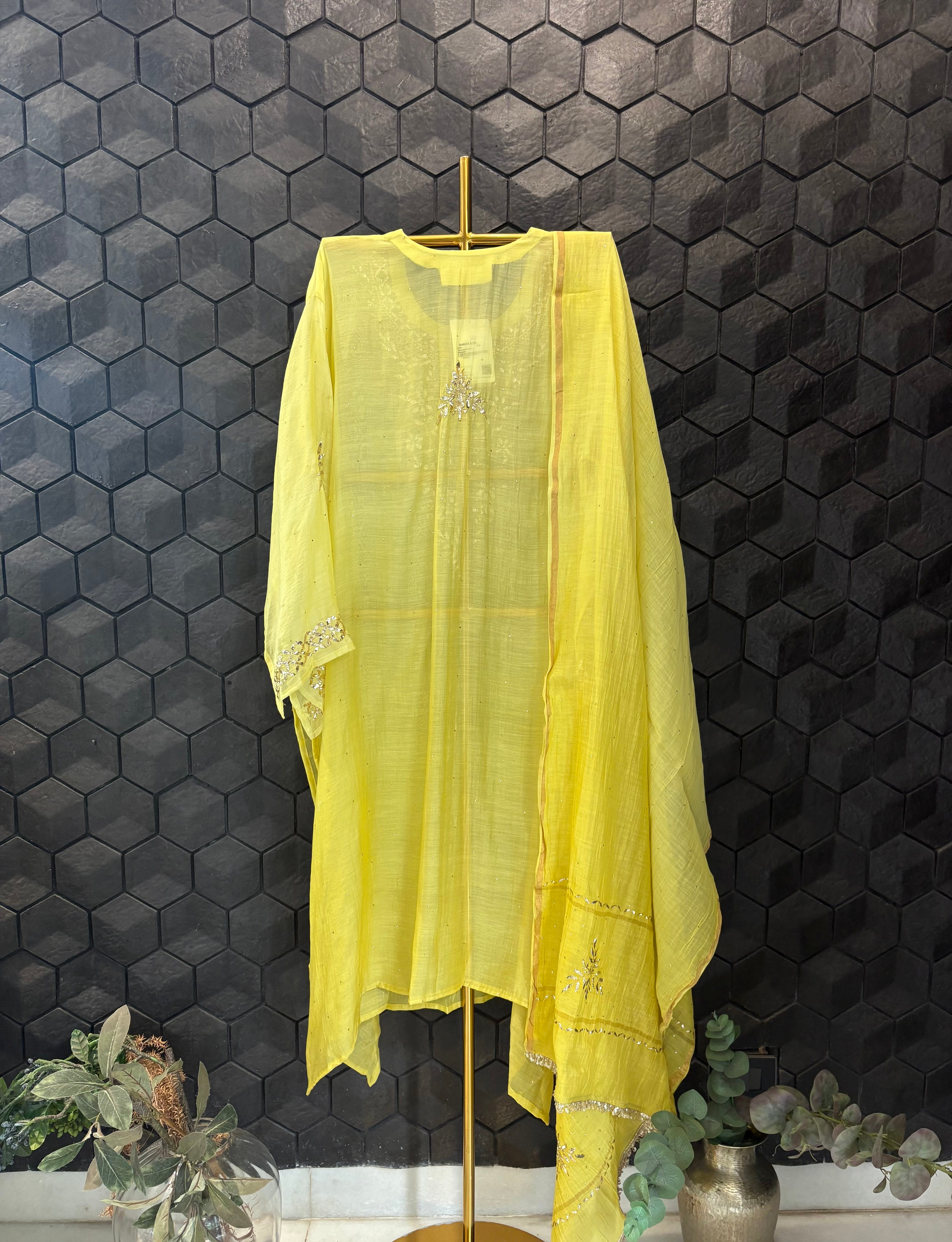 Lime Green Mul Chanderi Mukaish Kurta Set