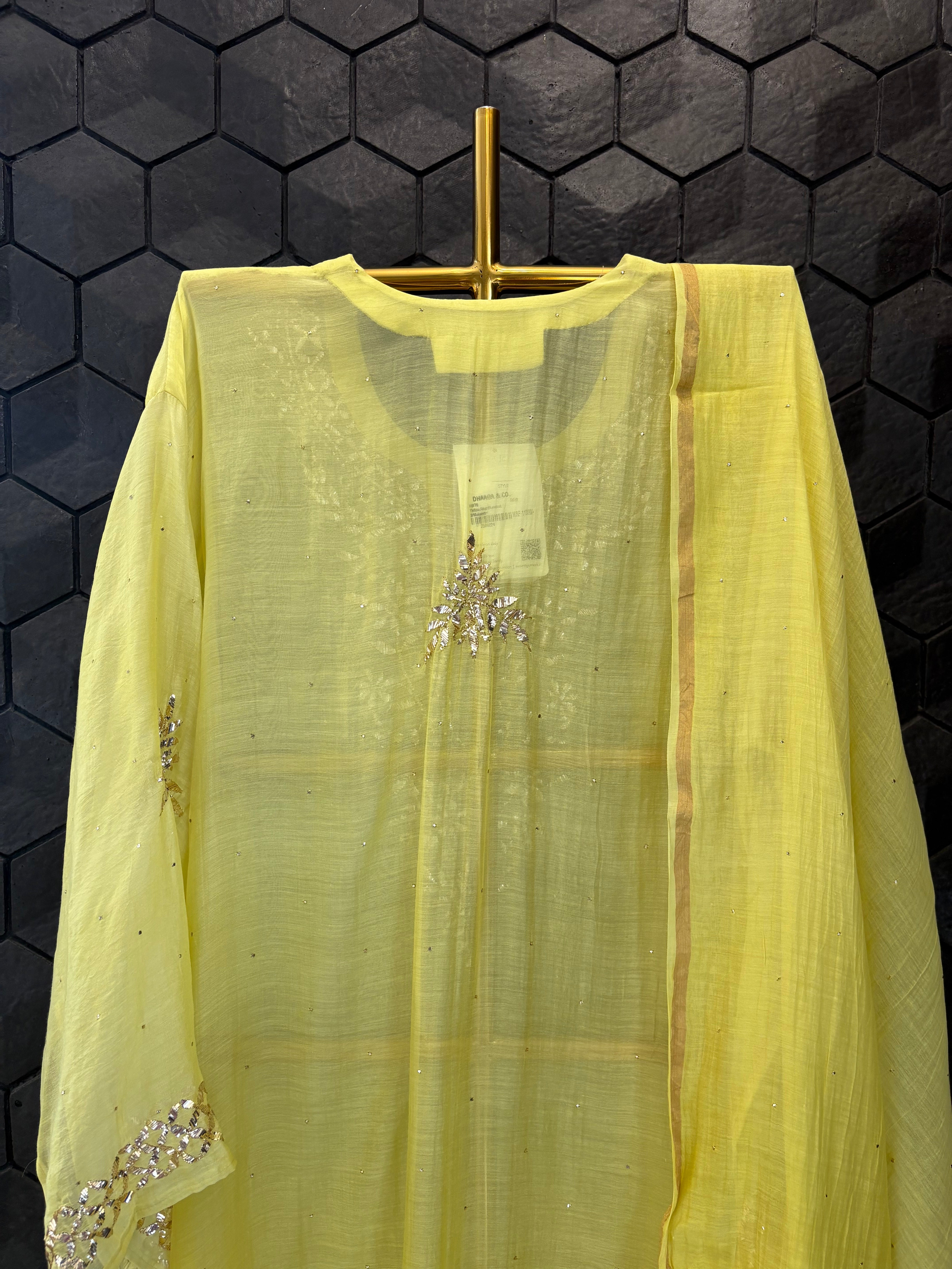 Lime Green Mul Chanderi Mukaish Kurta Set