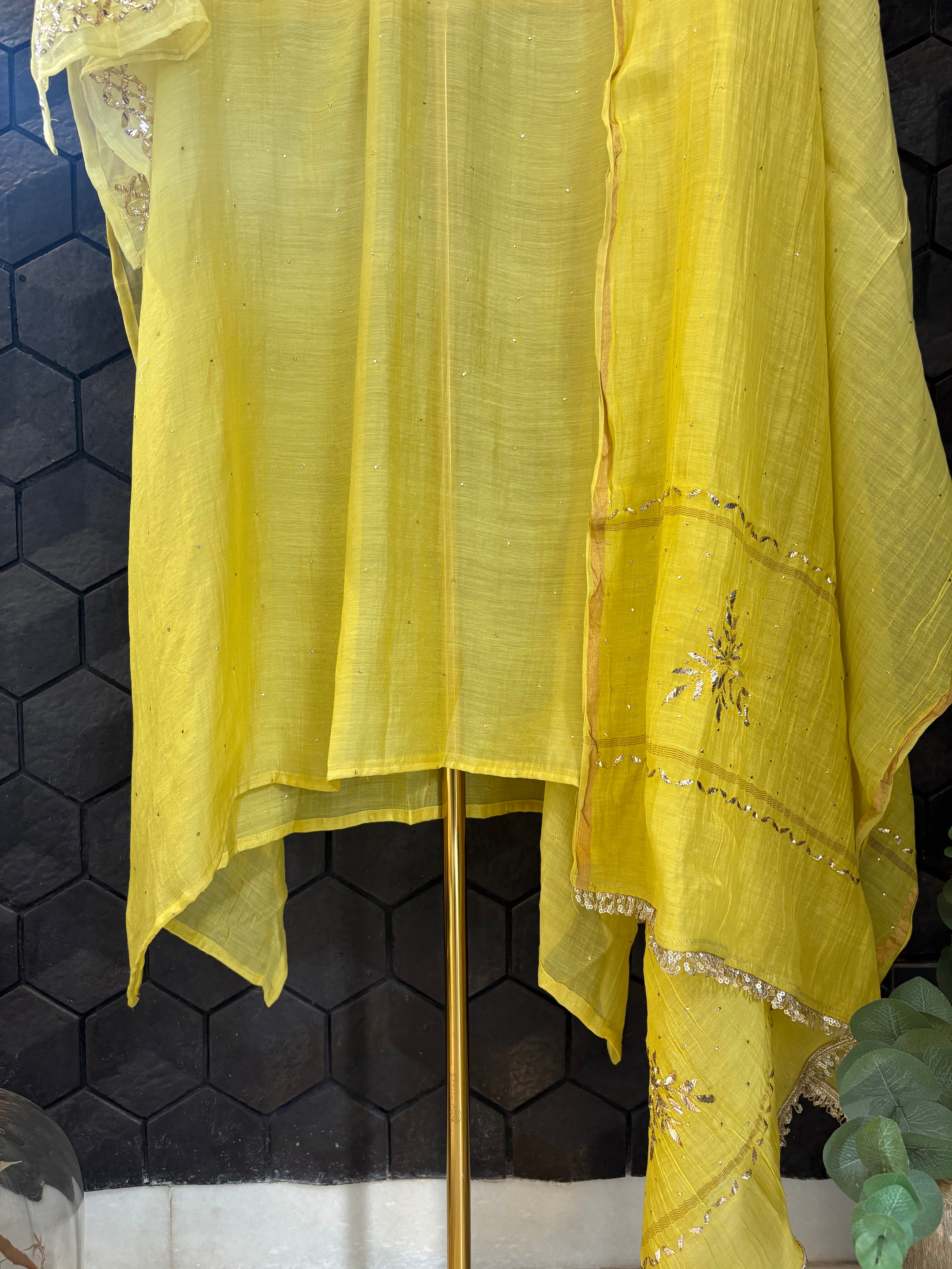 Lime Green Mul Chanderi Mukaish Kurta Set
