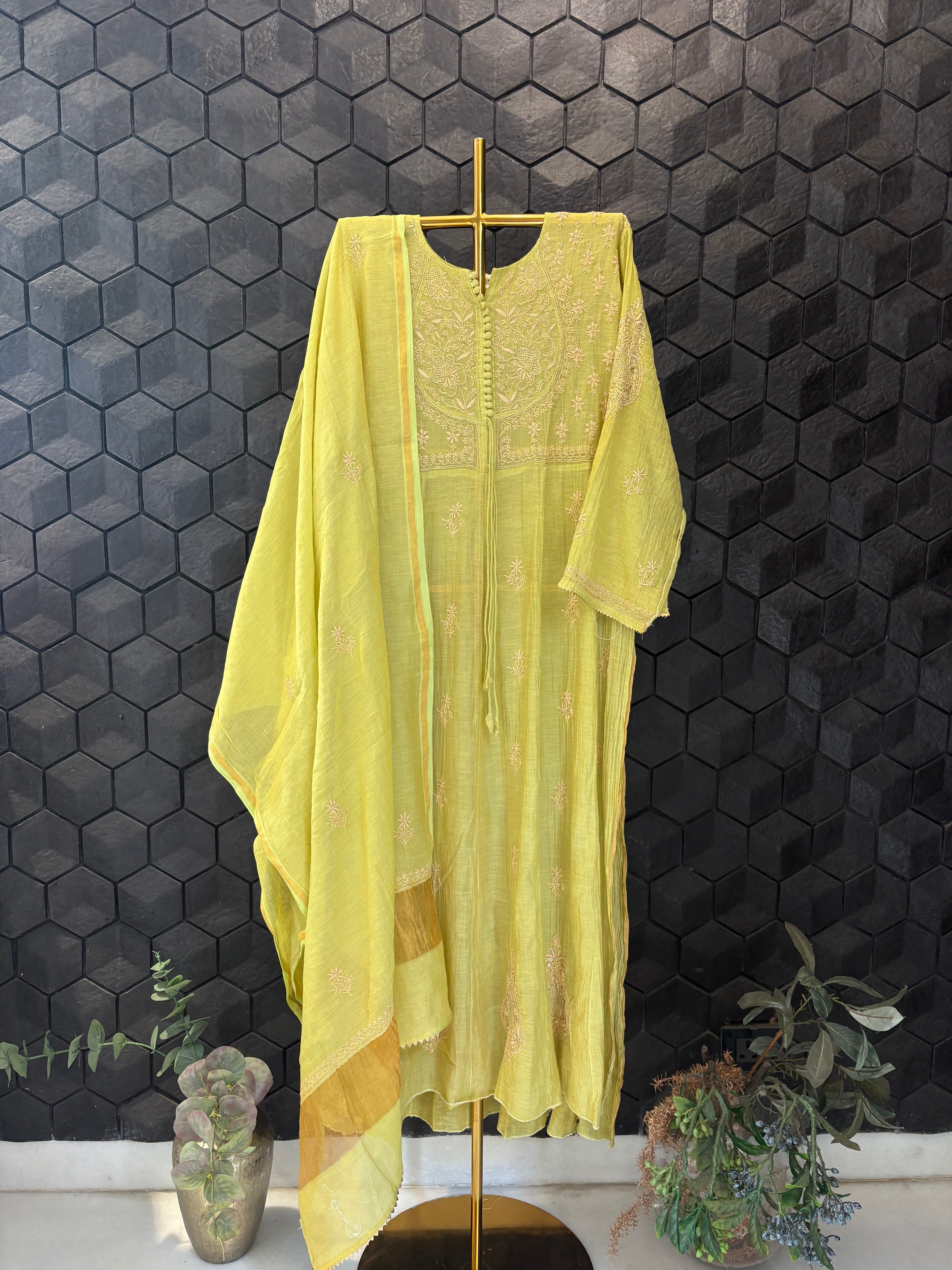 Green Chikankari Anarkali Set