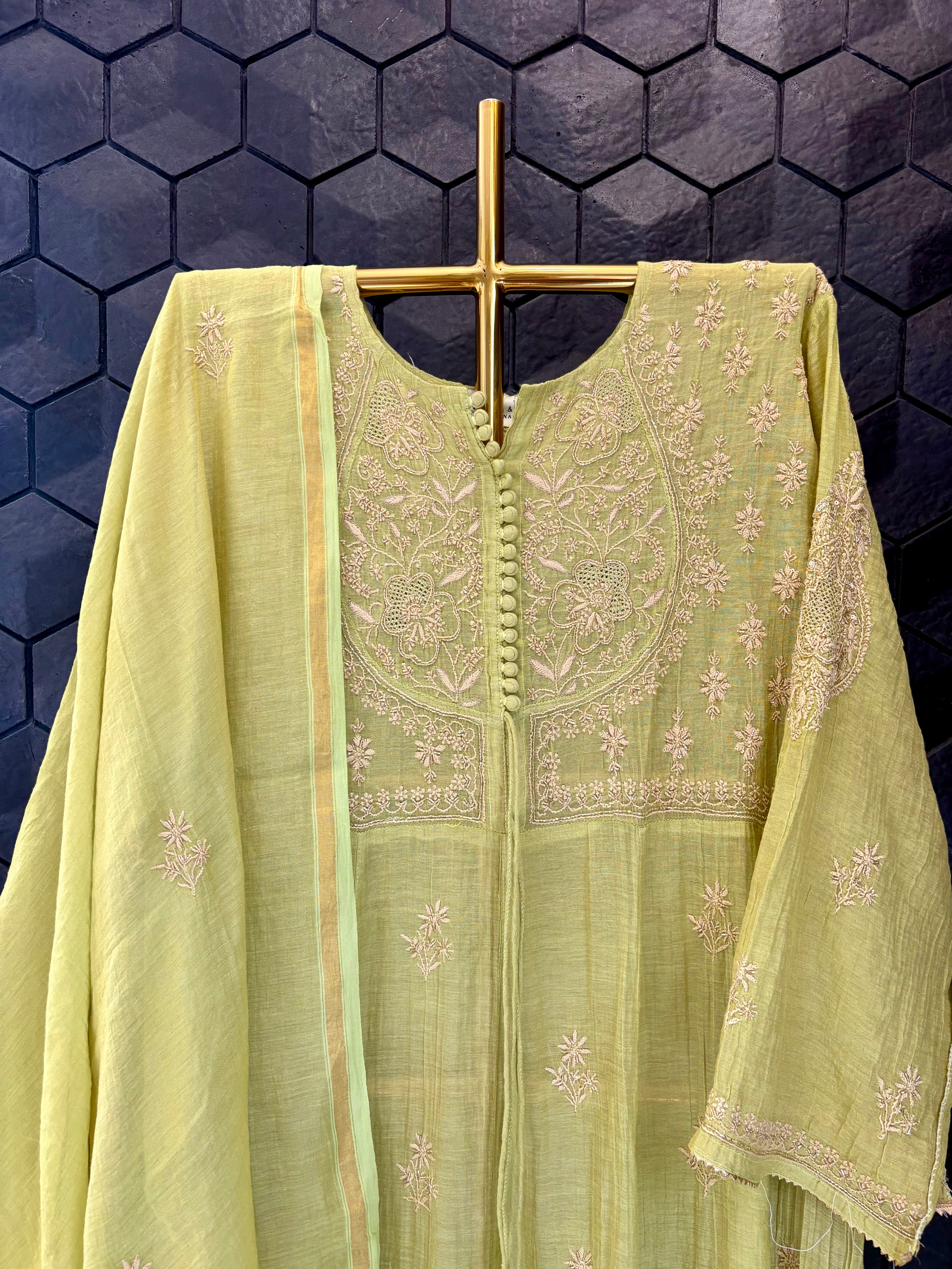 Green Chikankari Anarkali Set