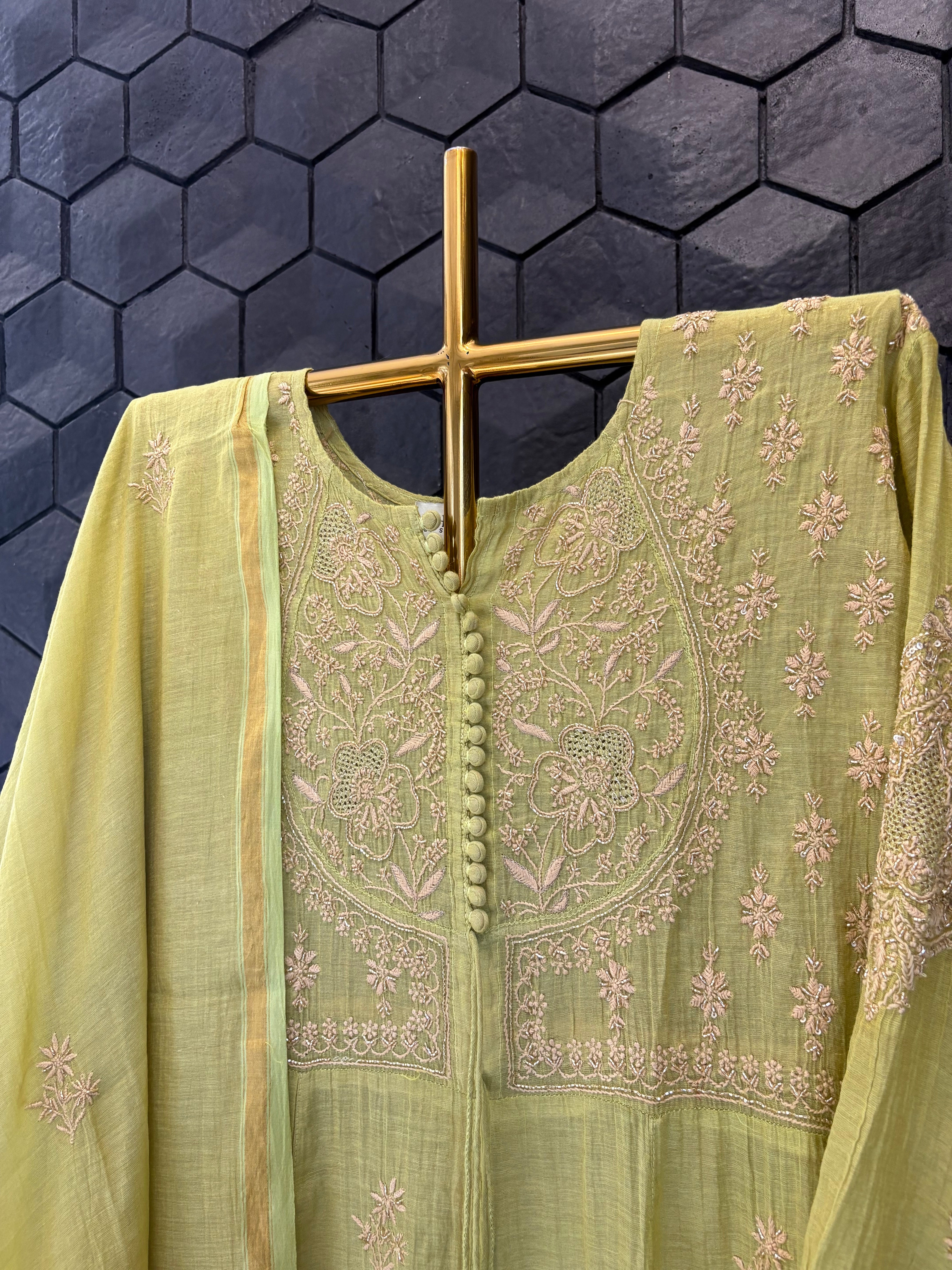 Green Chikankari Anarkali Set