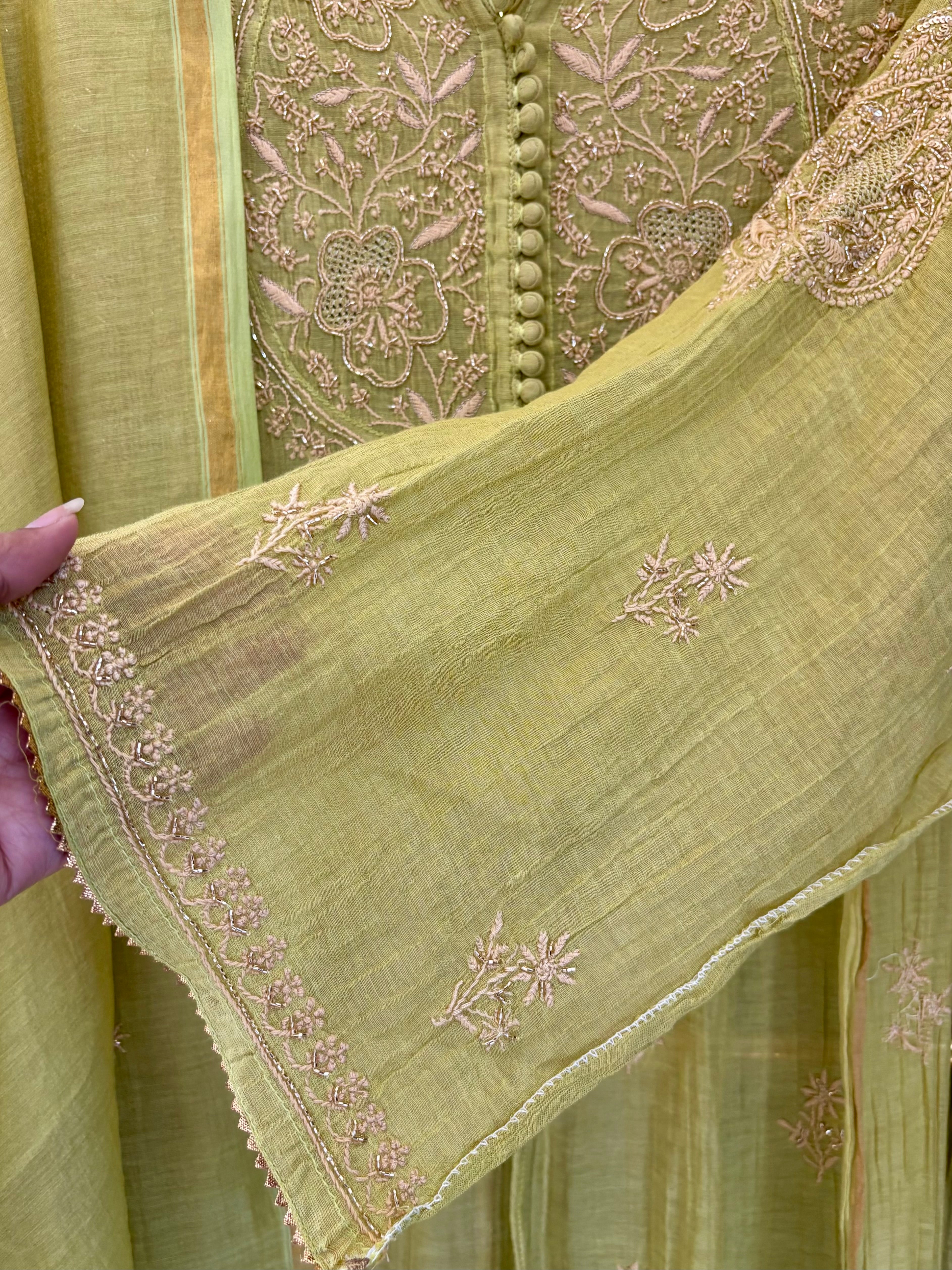 Green Chikankari Anarkali Set
