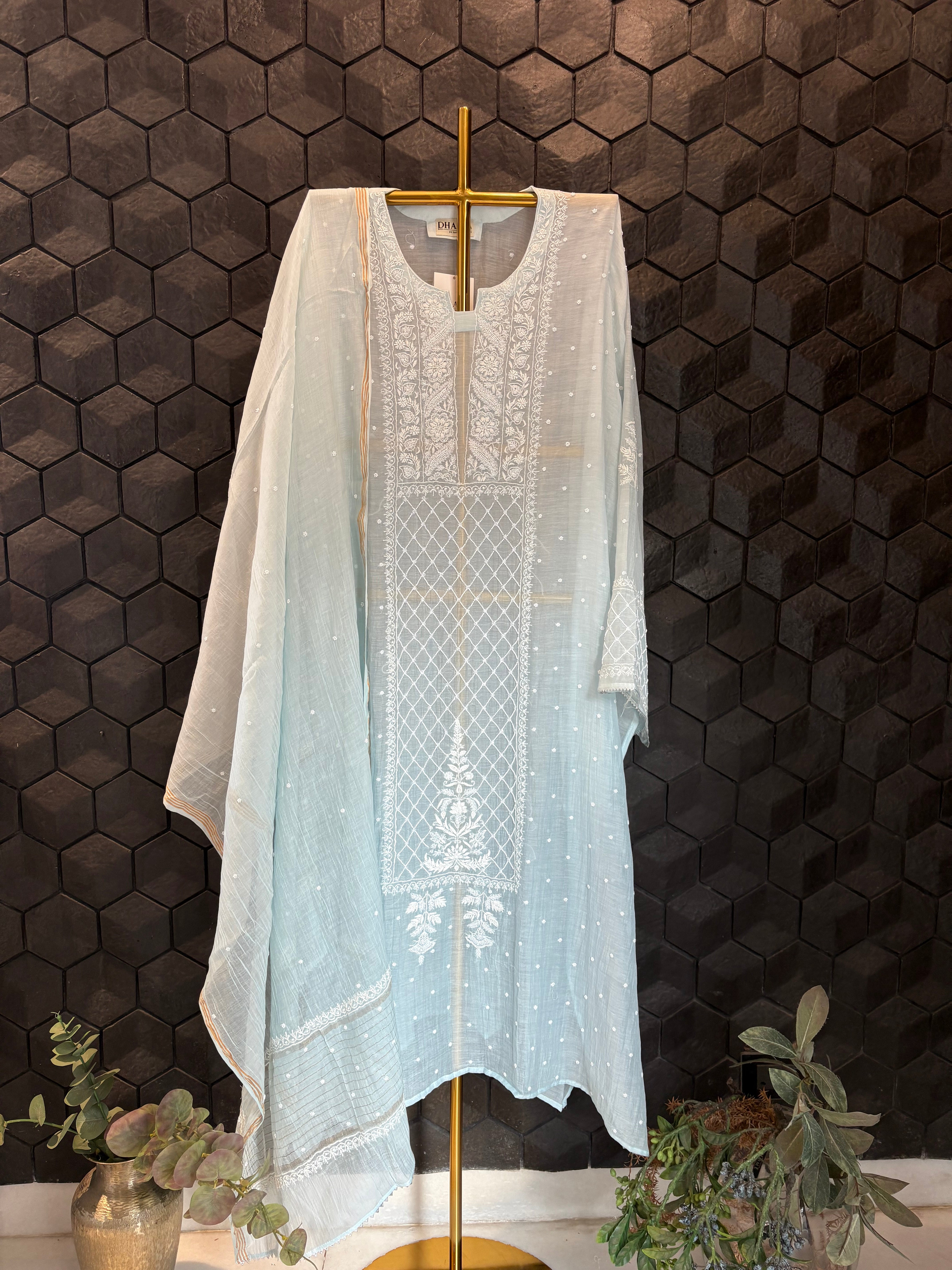 Sky Blue Mul Chanderi Kurta Set