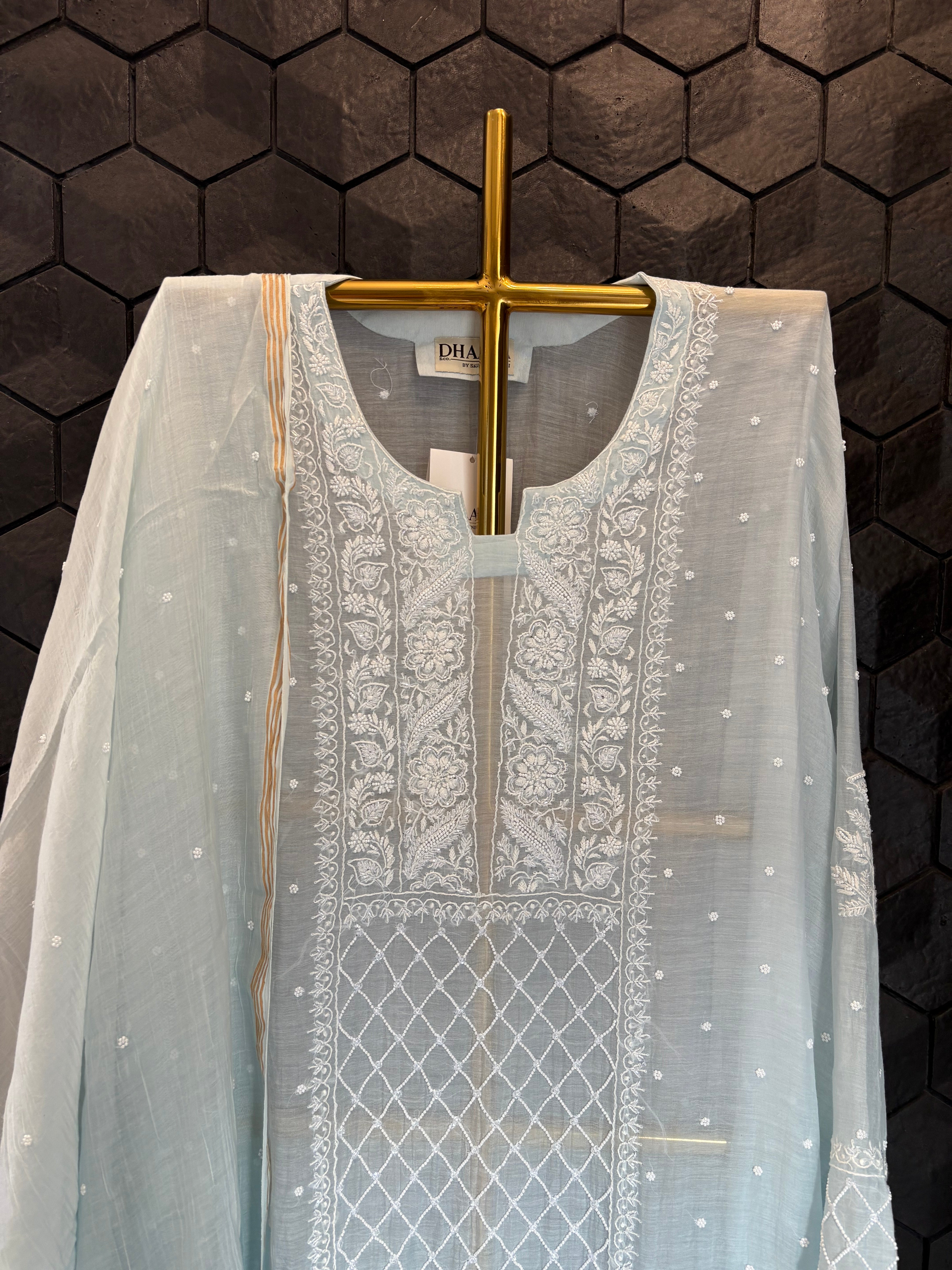 Sky Blue Mul Chanderi Kurta Set