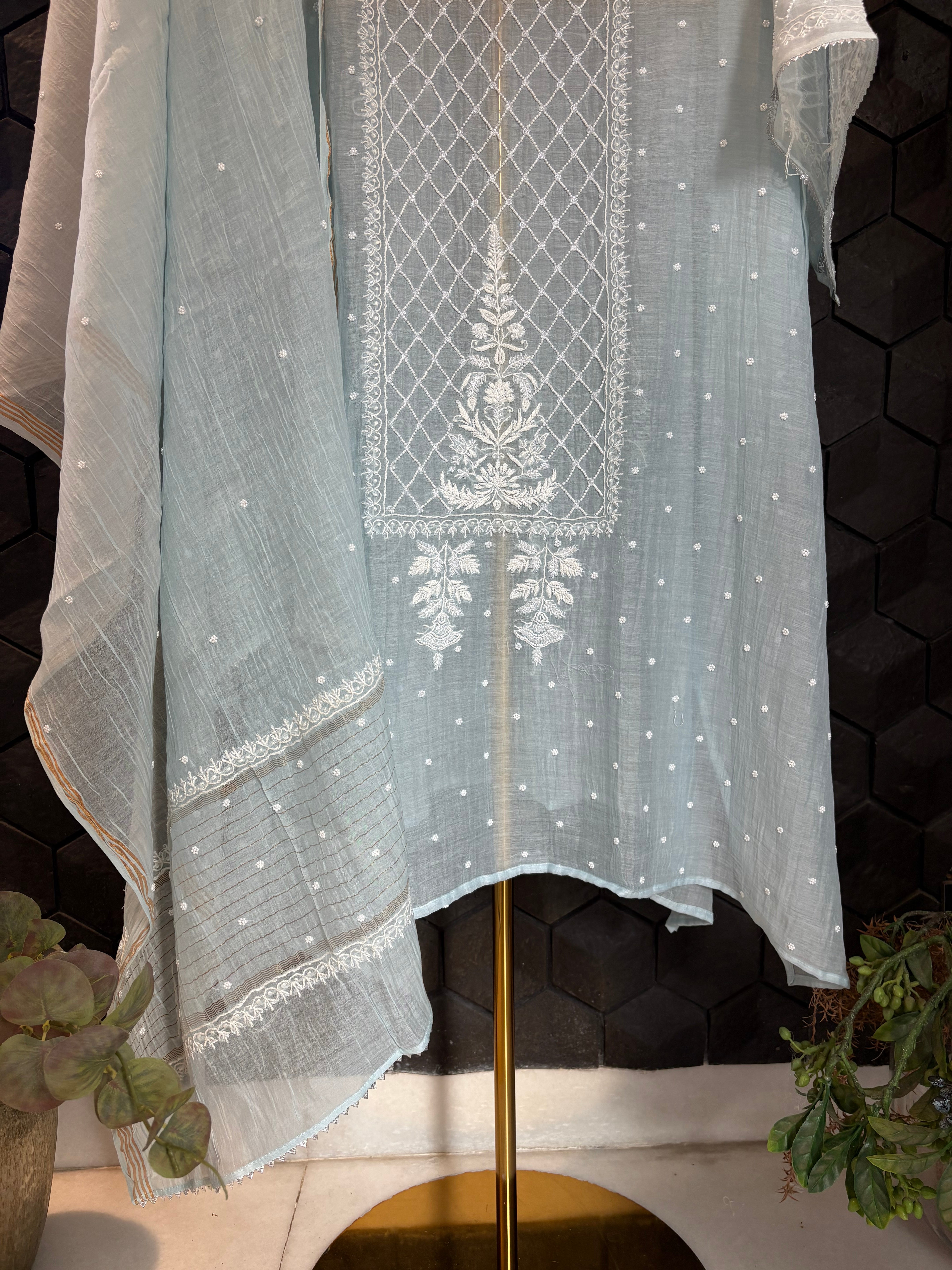 Sky Blue Mul Chanderi Kurta Set