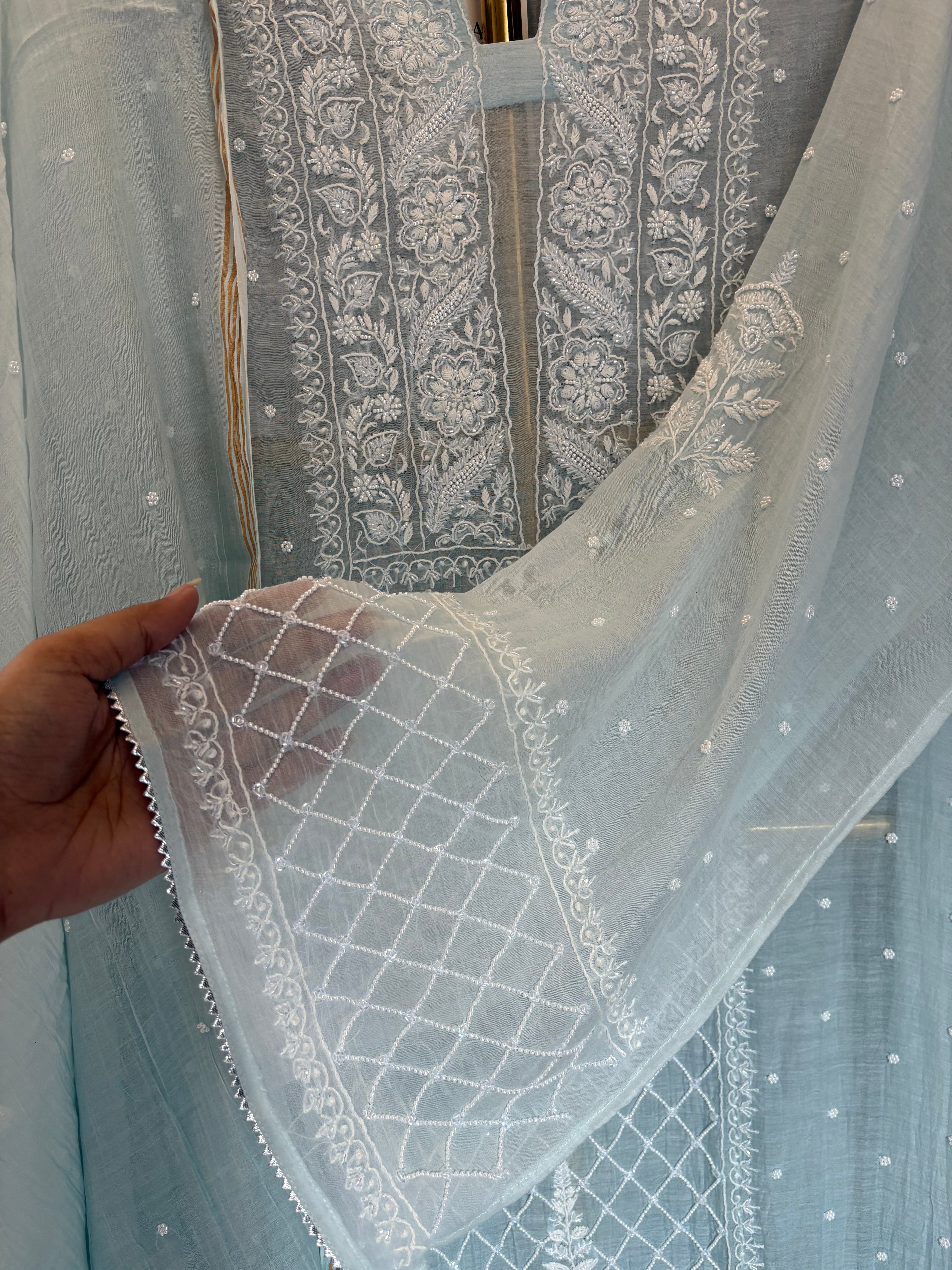 Sky Blue Mul Chanderi Kurta Set