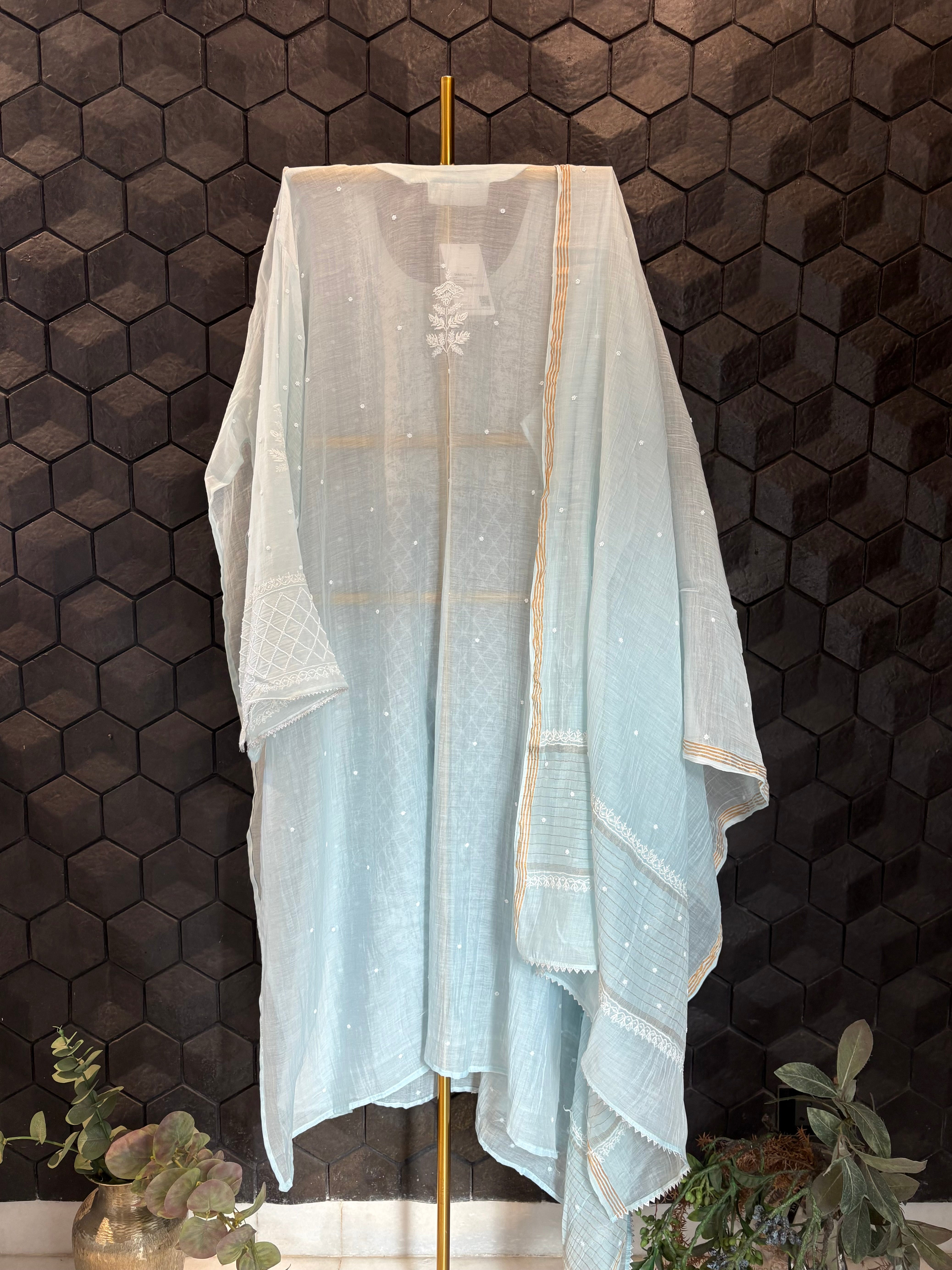 Sky Blue Mul Chanderi Kurta Set