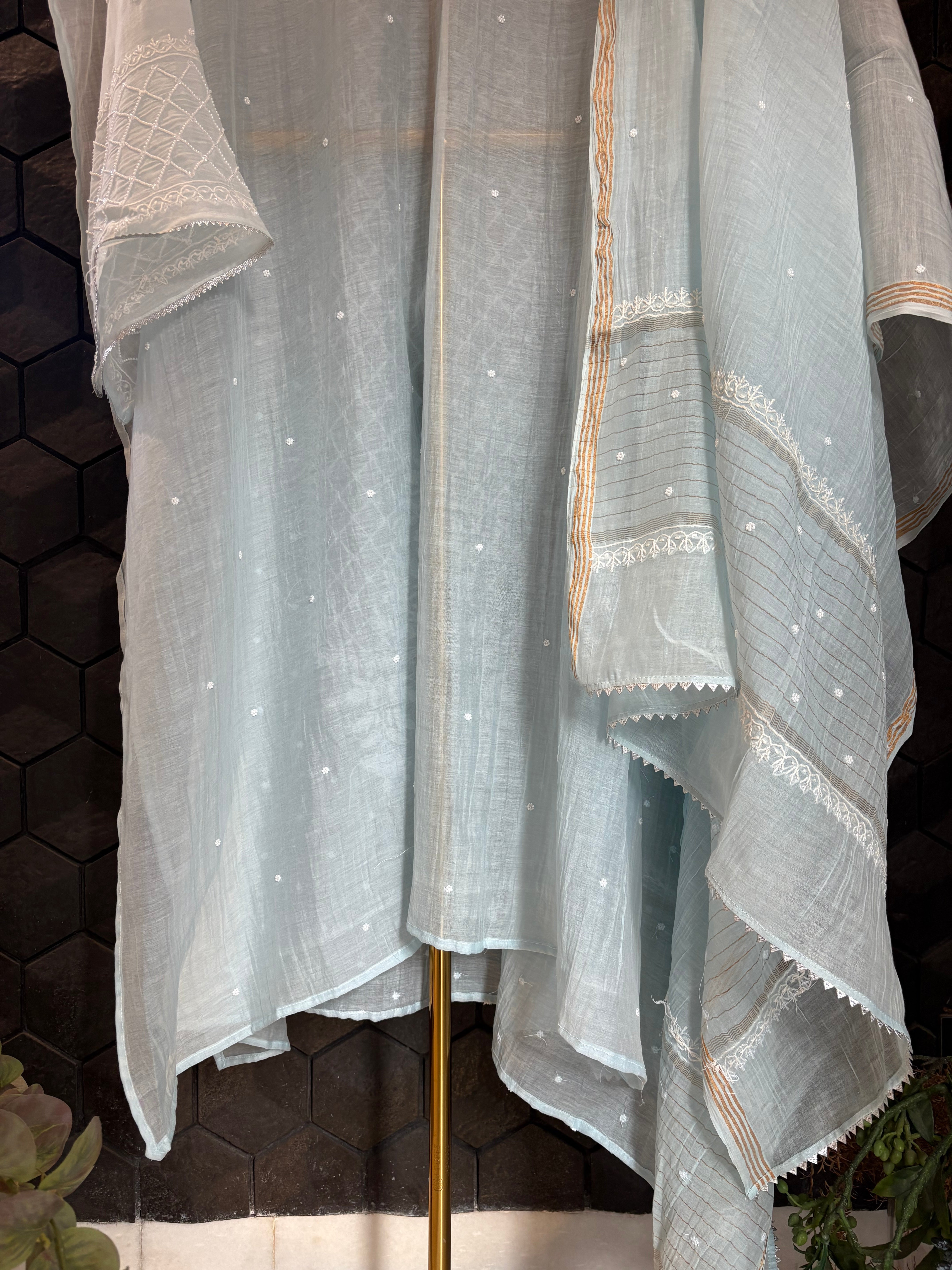 Sky Blue Mul Chanderi Kurta Set