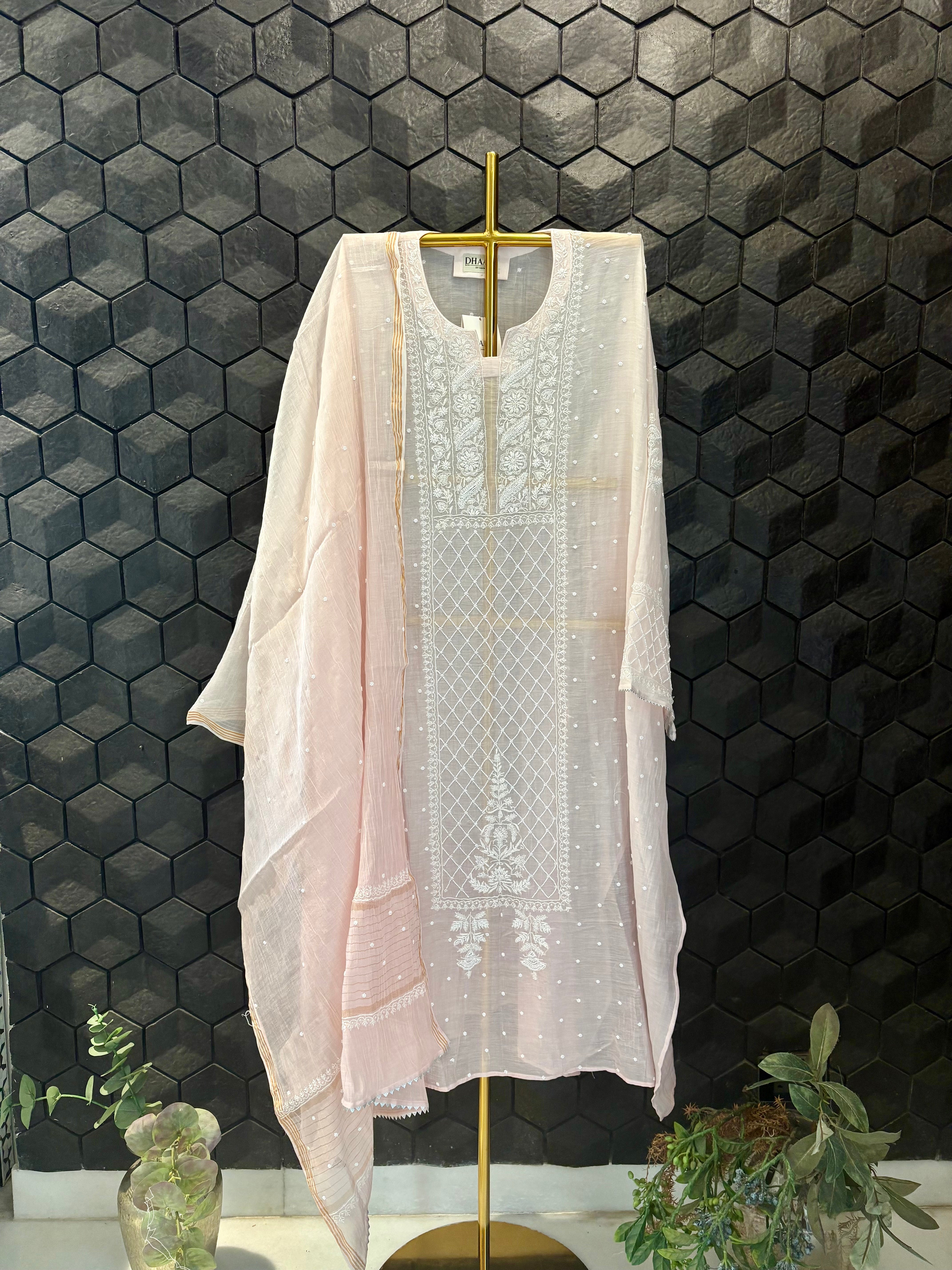 Pink Mul Chanderi Chikankari Kurta Set