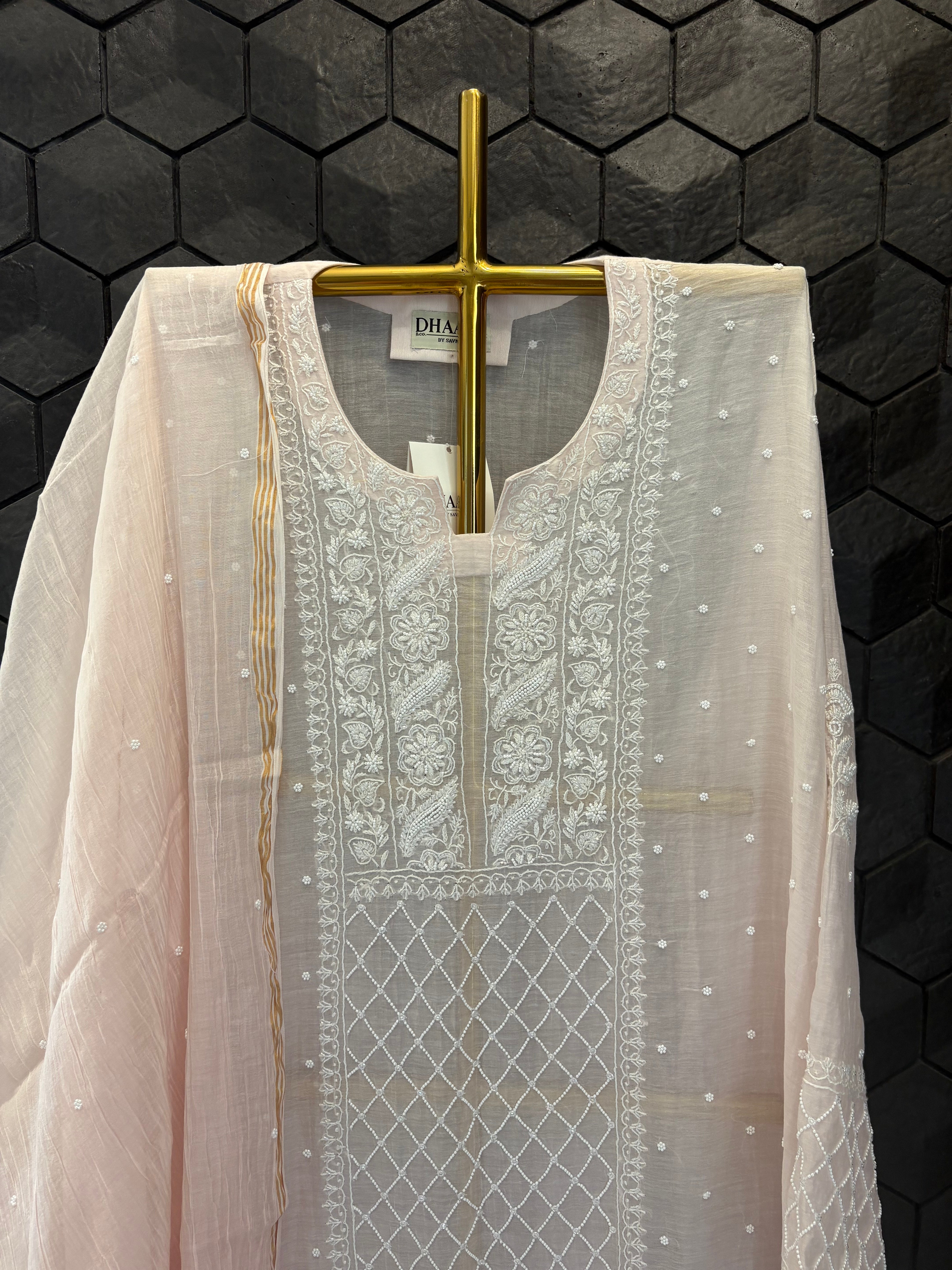Pink Mul Chanderi Chikankari Kurta Set