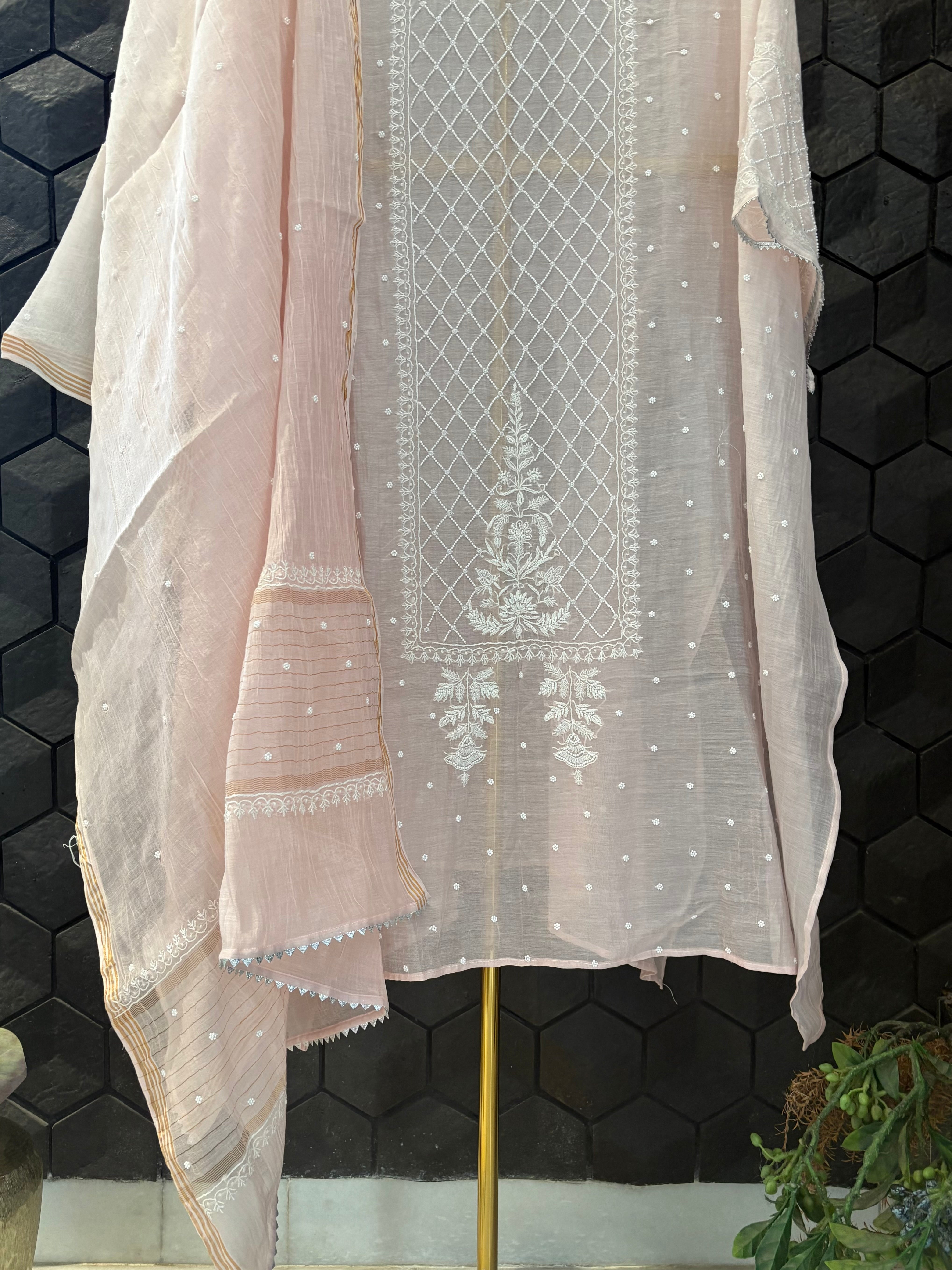 Pink Mul Chanderi Chikankari Kurta Set
