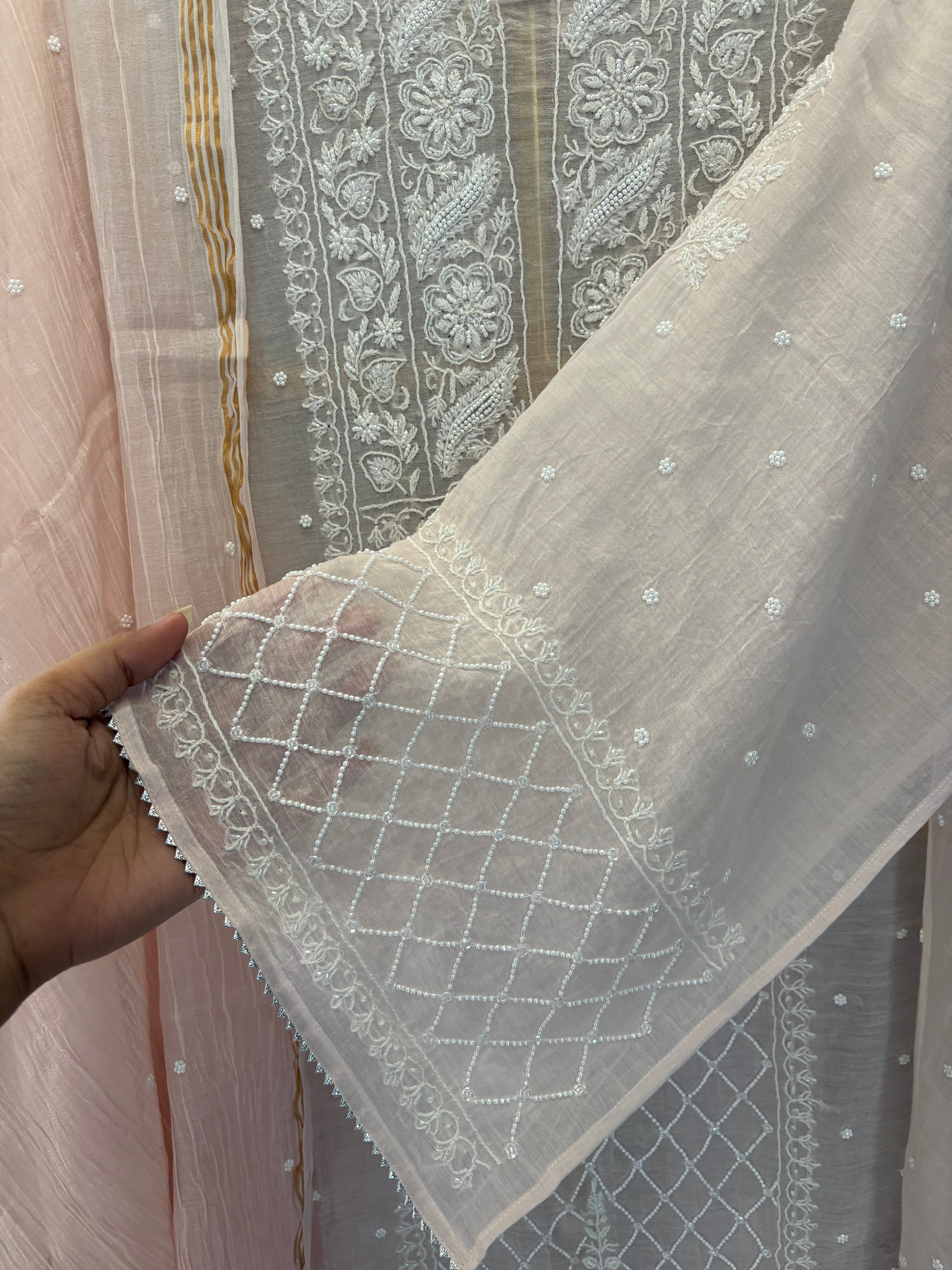 Pink Mul Chanderi Chikankari Kurta Set