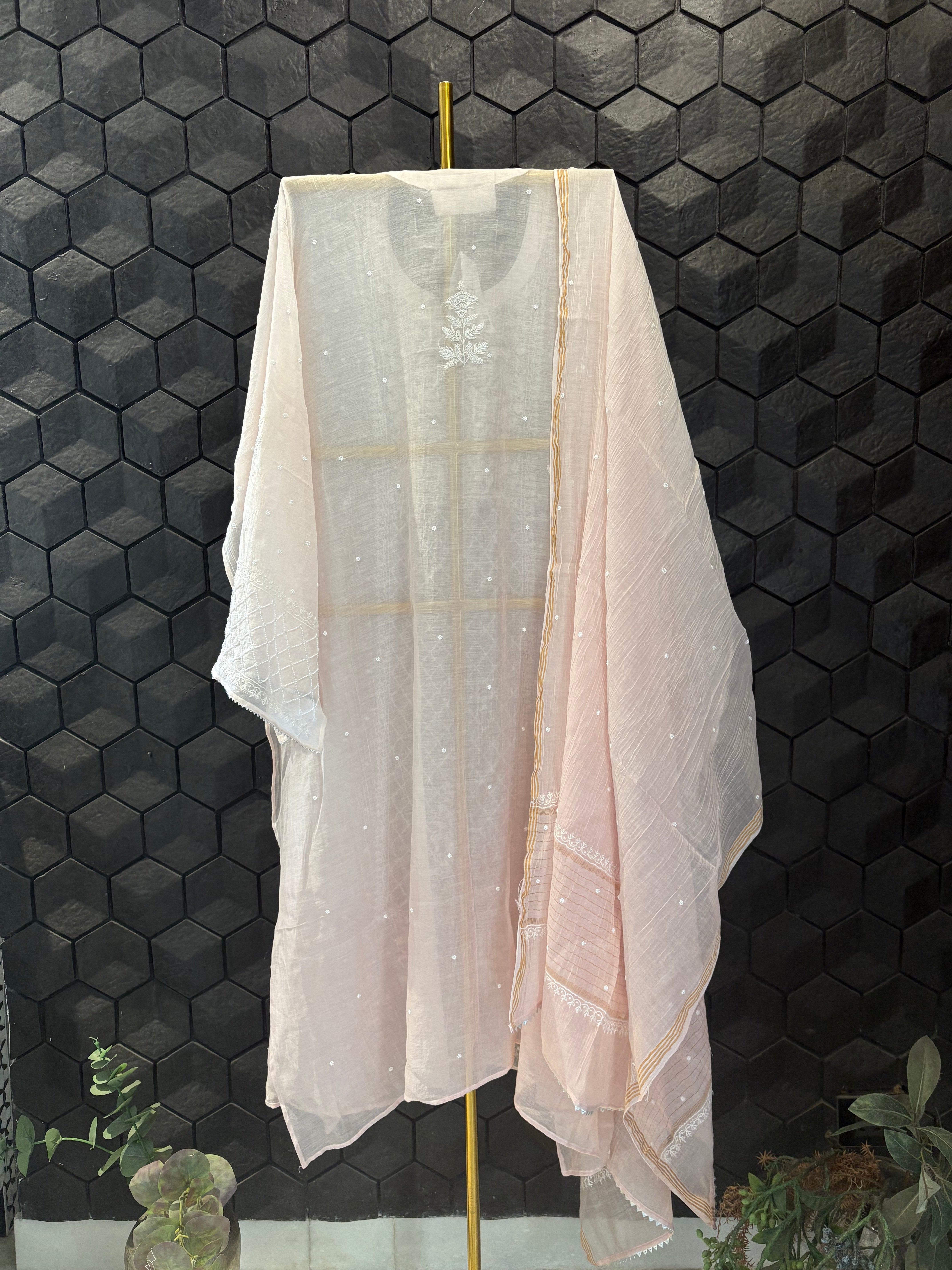 Pink Mul Chanderi Chikankari Kurta Set