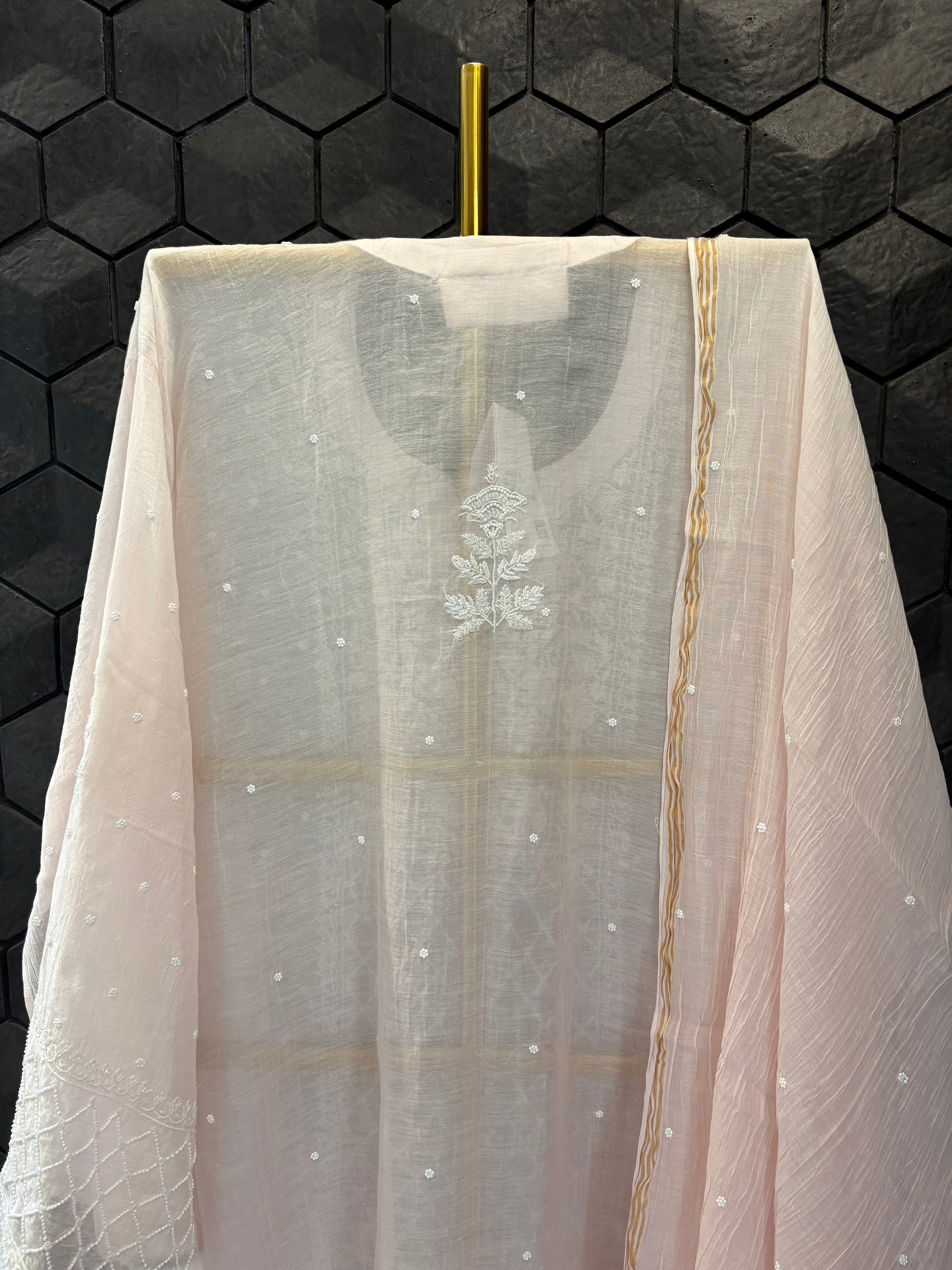 Pink Mul Chanderi Chikankari Kurta Set