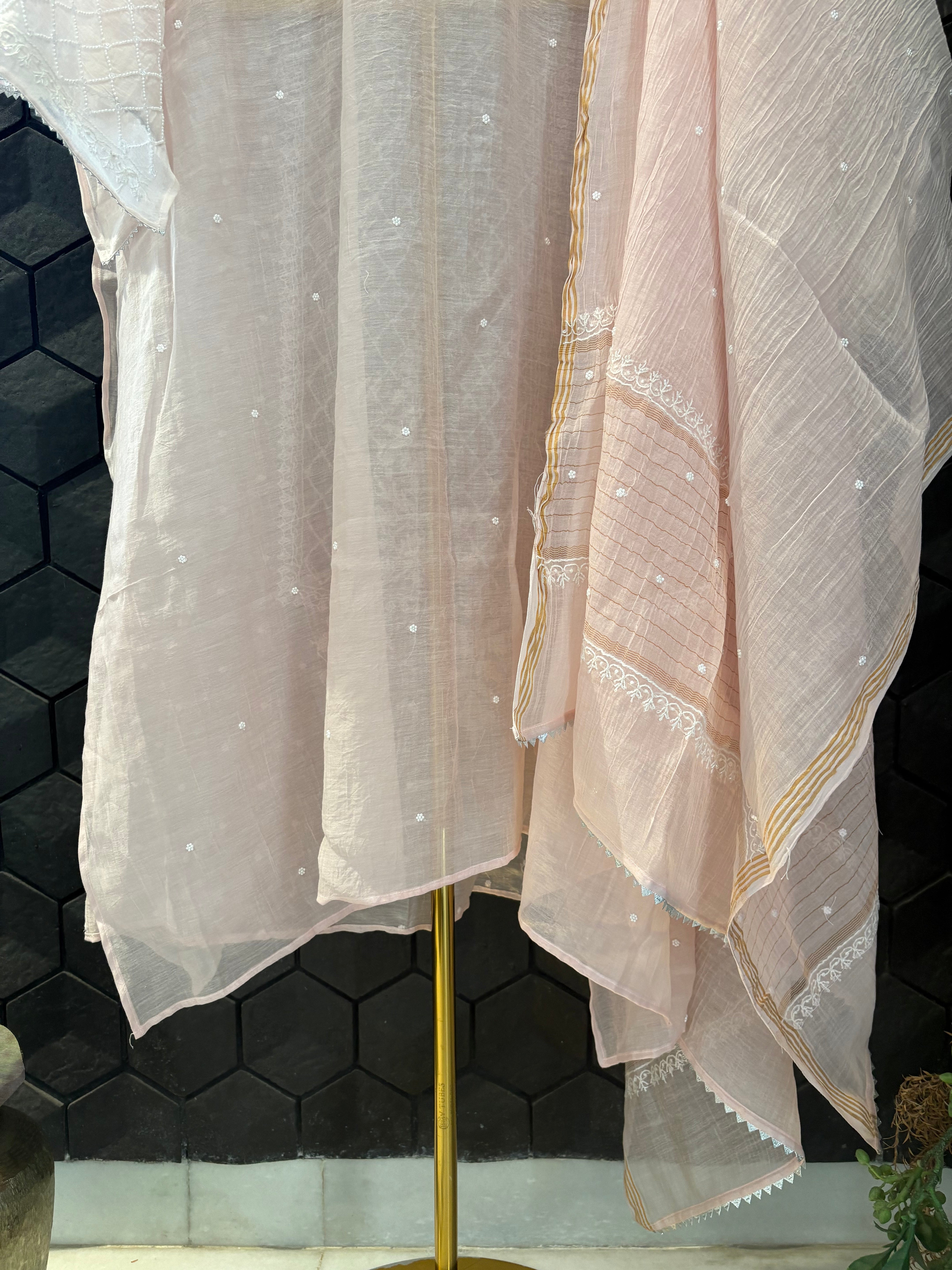 Pink Mul Chanderi Chikankari Kurta Set