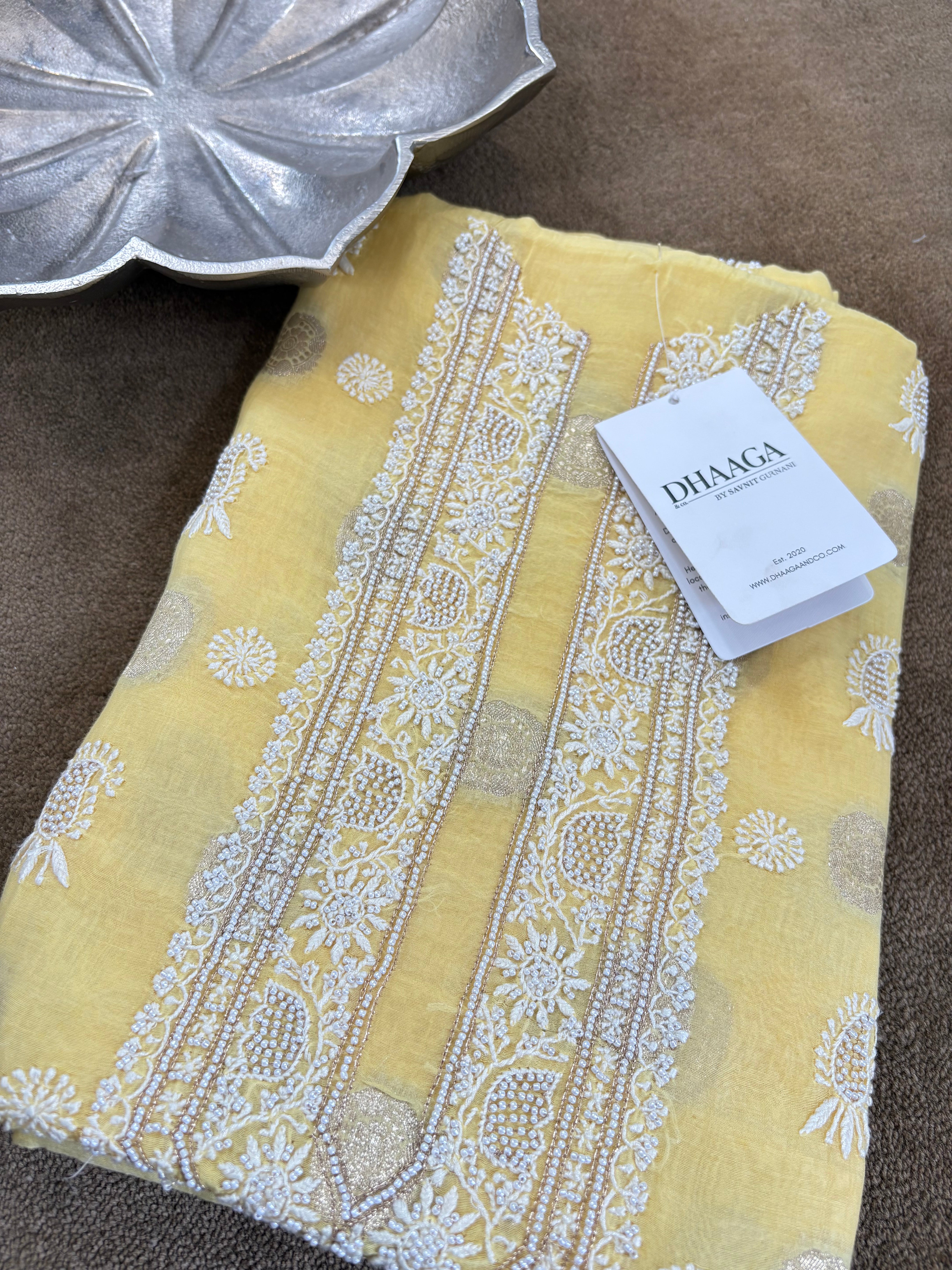 Yellow mul chanderi chikankari mens kurta