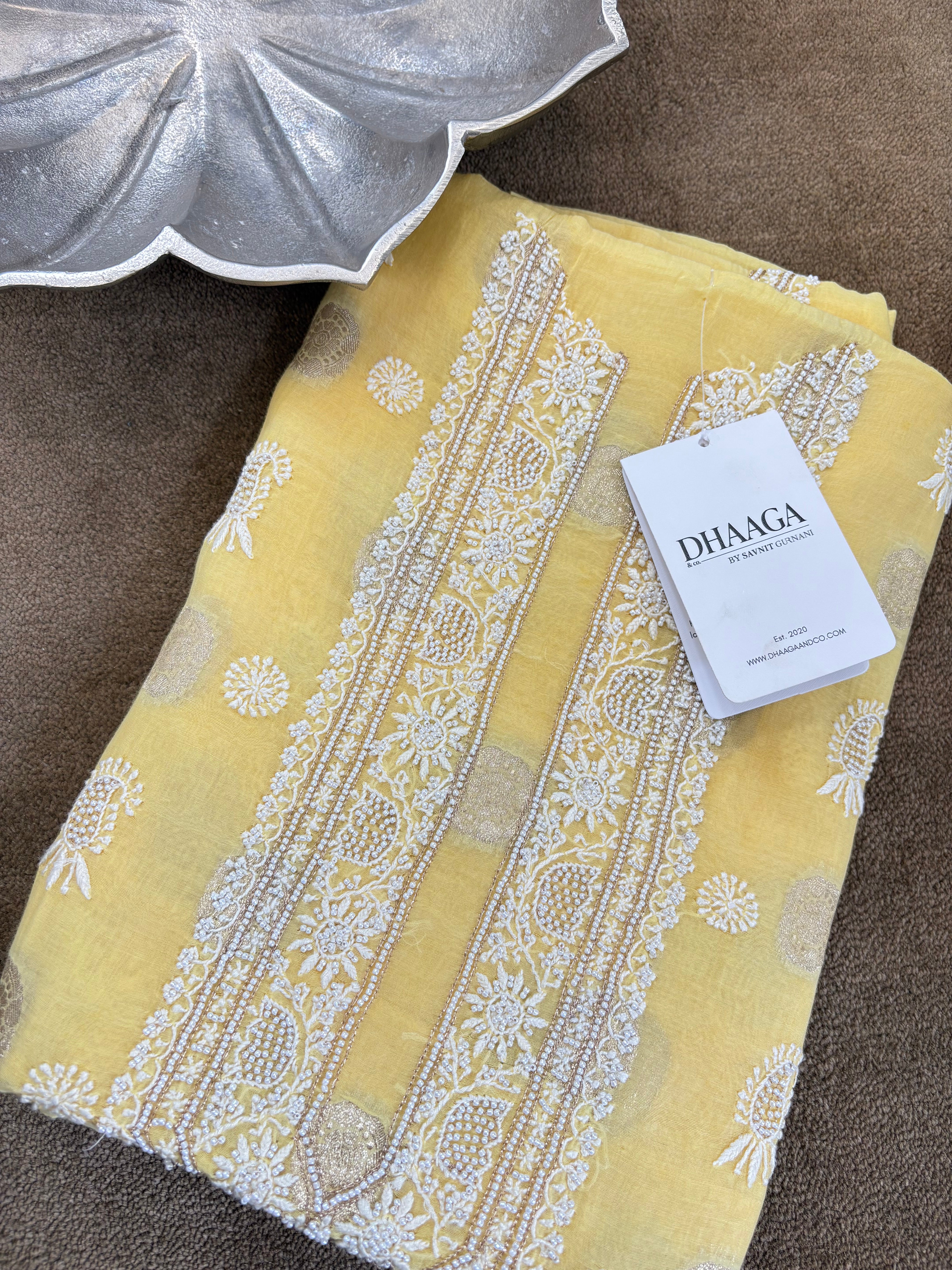 Yellow mul chanderi chikankari mens kurta