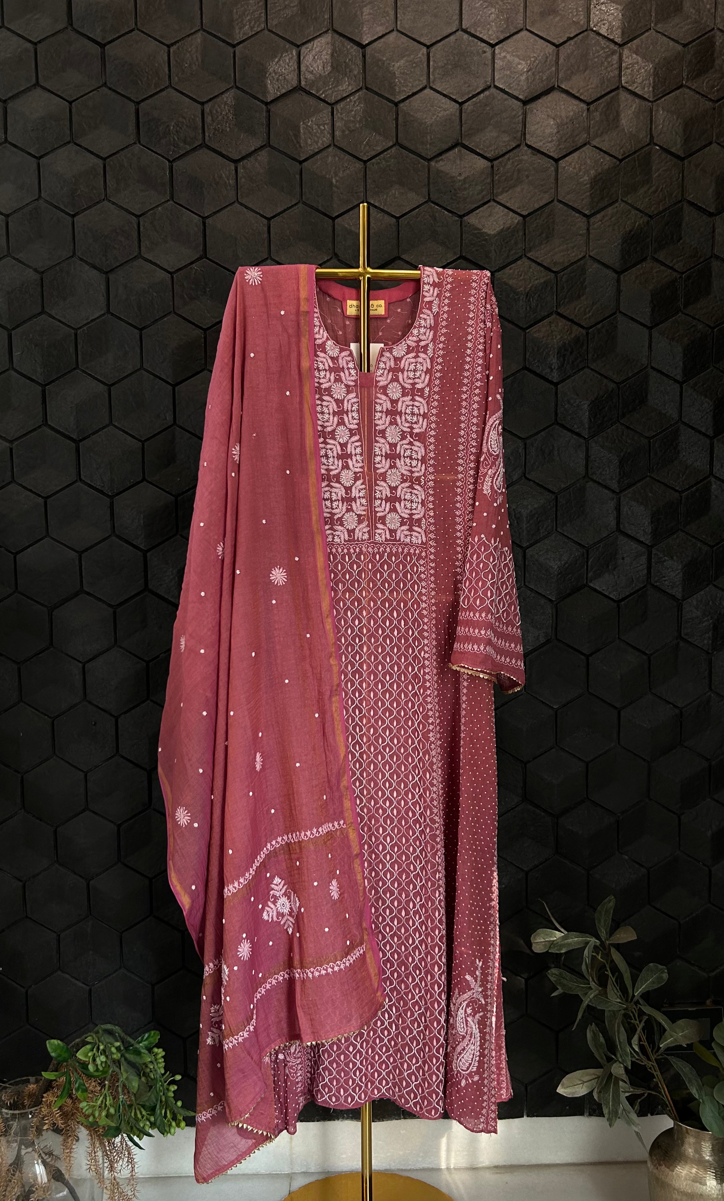 Magenta Tissue Chikankari Suit Set