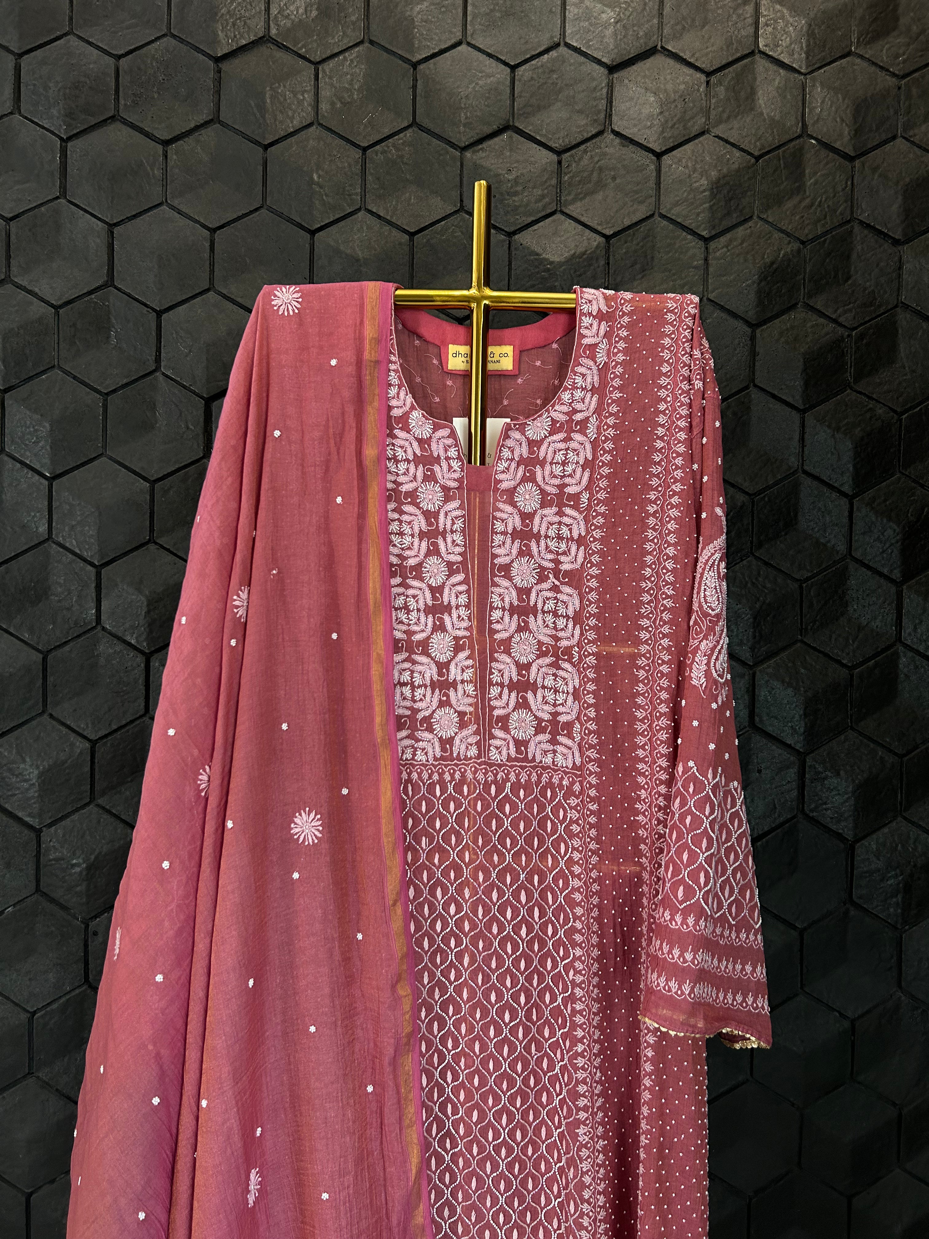 Magenta Tissue Chikankari Suit Set
