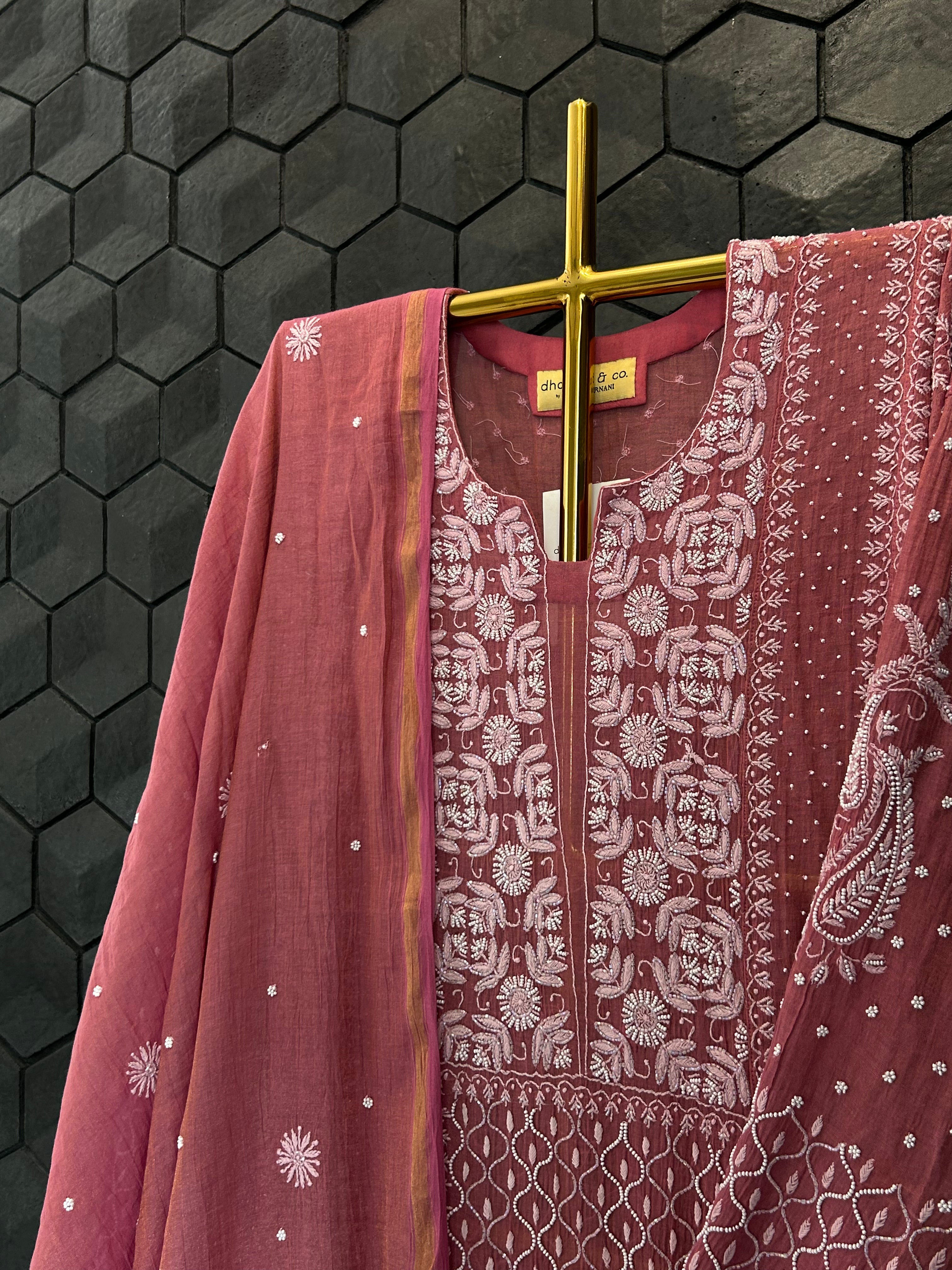 Magenta Tissue Chikankari Suit Set