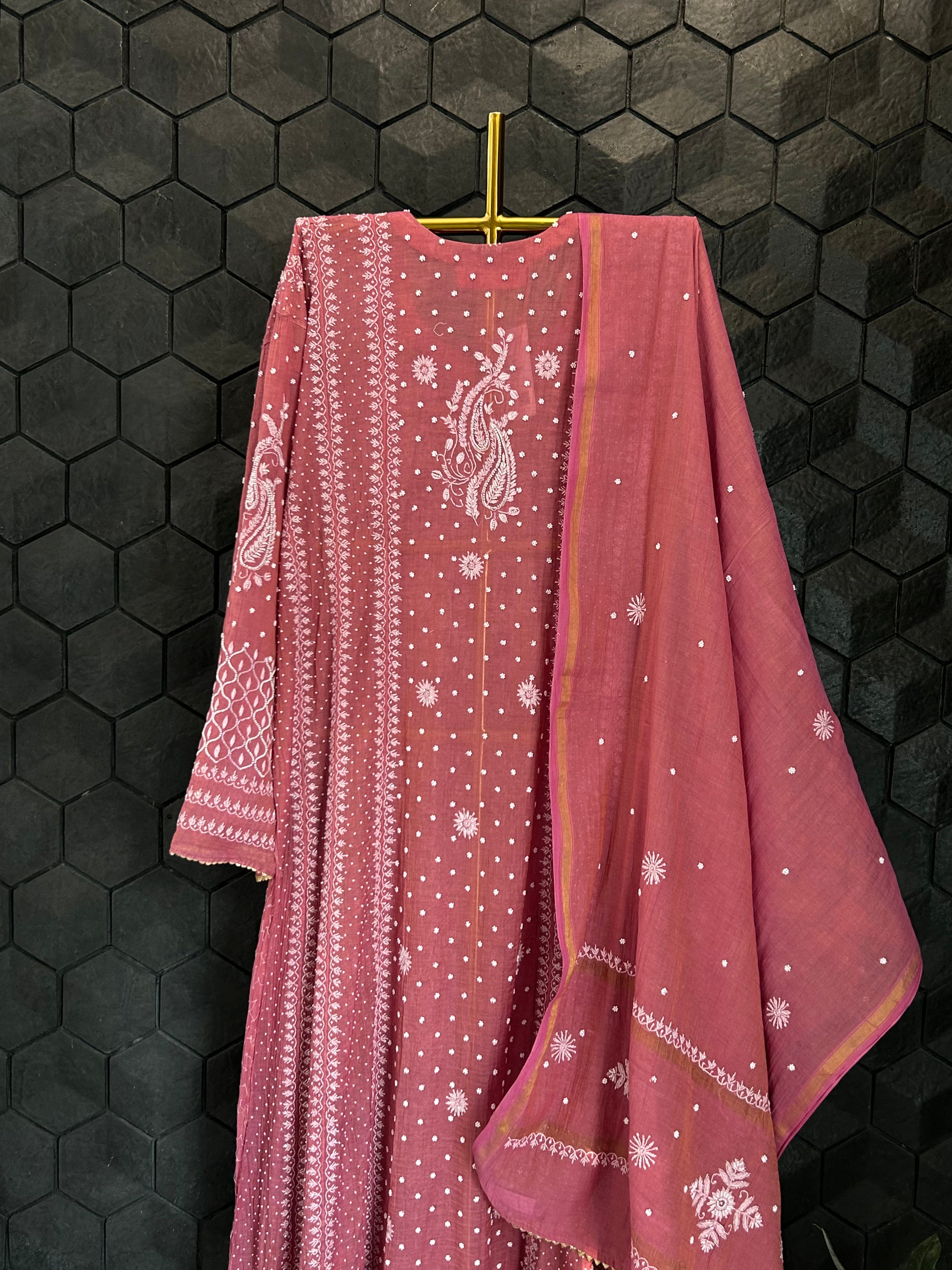 Magenta Tissue Chikankari Suit Set