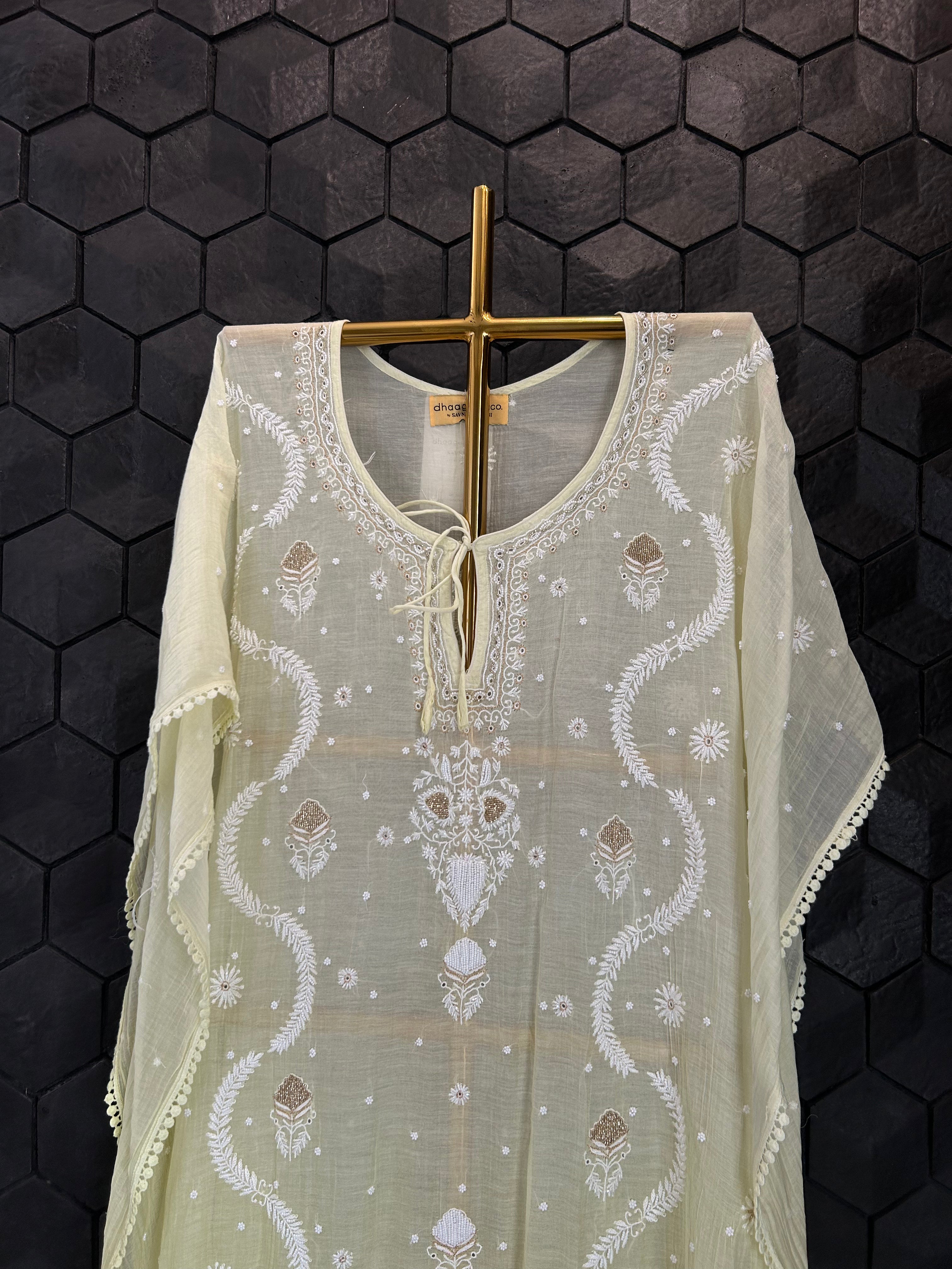 Lemon Yellow Mul Chanderi Chikankari Kaftan