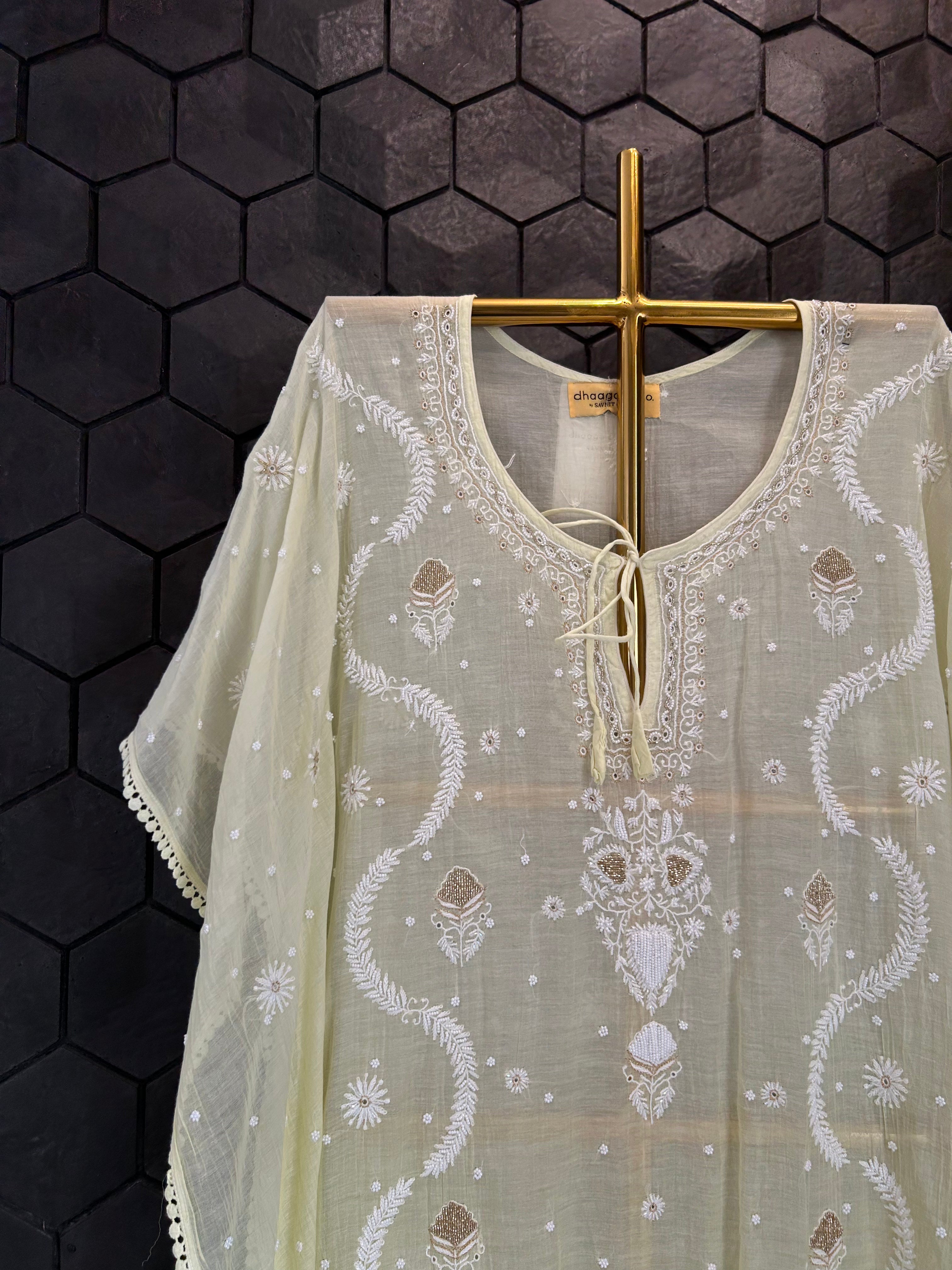 Lemon Yellow Mul Chanderi Chikankari Kaftan