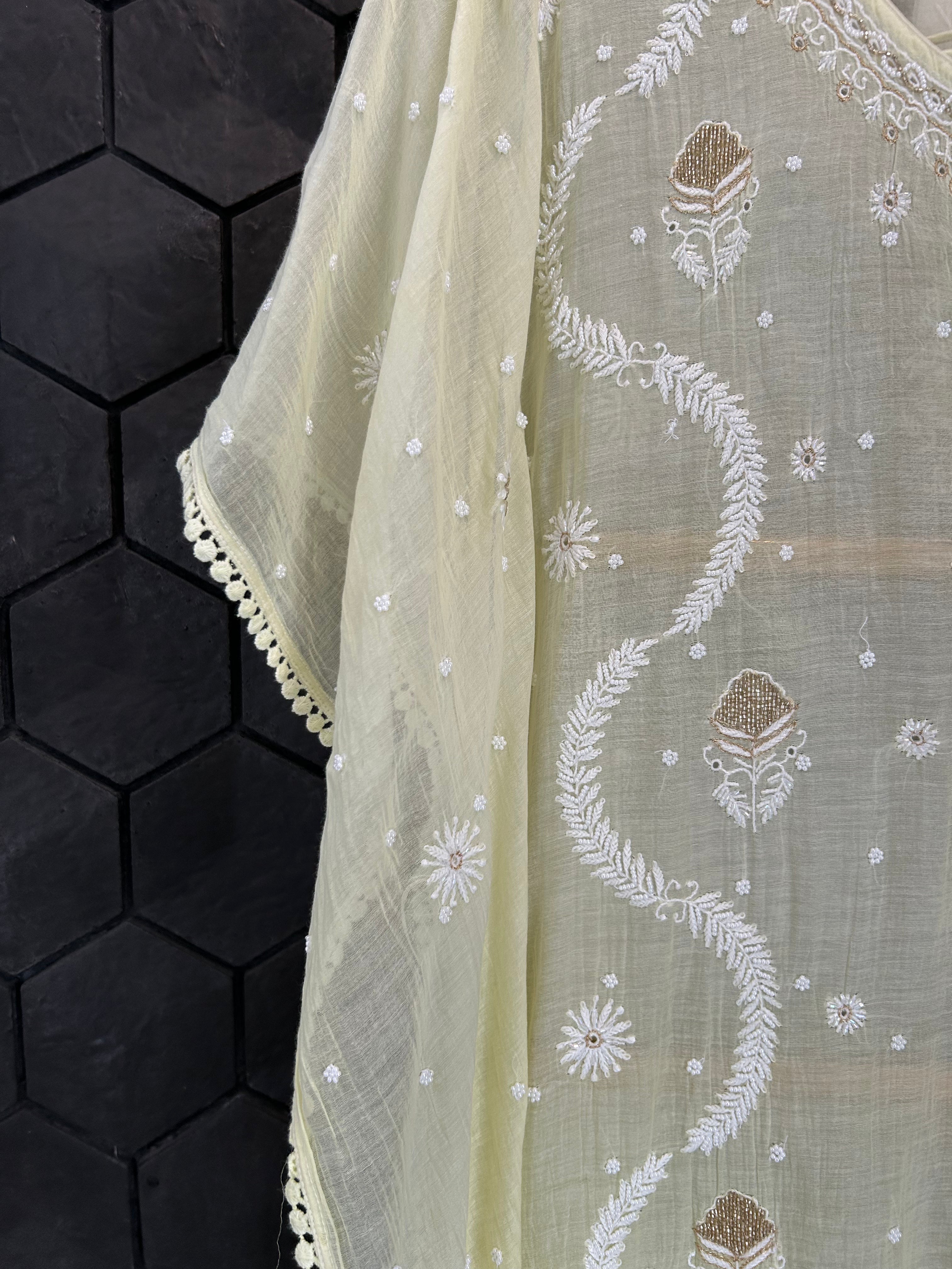 Lemon Yellow Mul Chanderi Chikankari Kaftan
