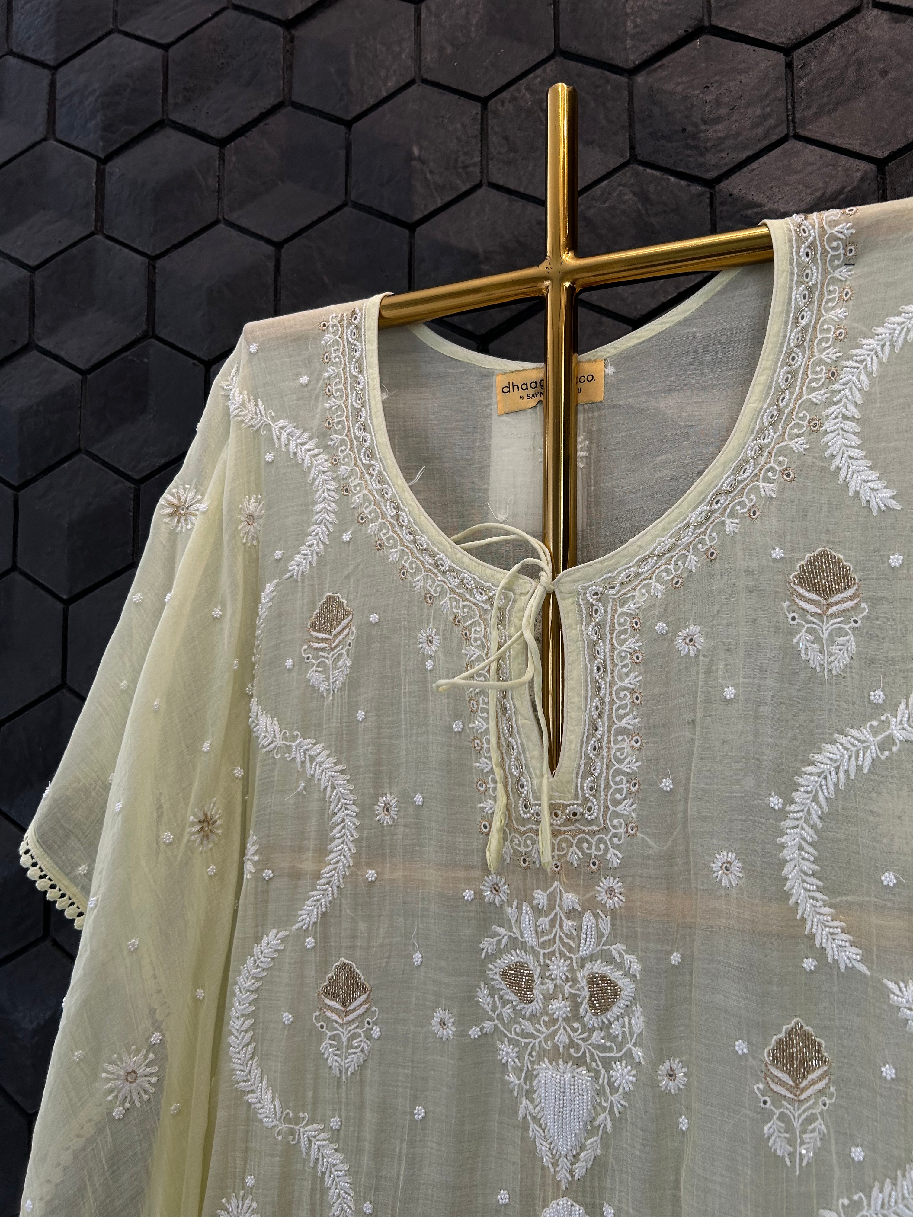 Lemon Yellow Mul Chanderi Chikankari Kaftan
