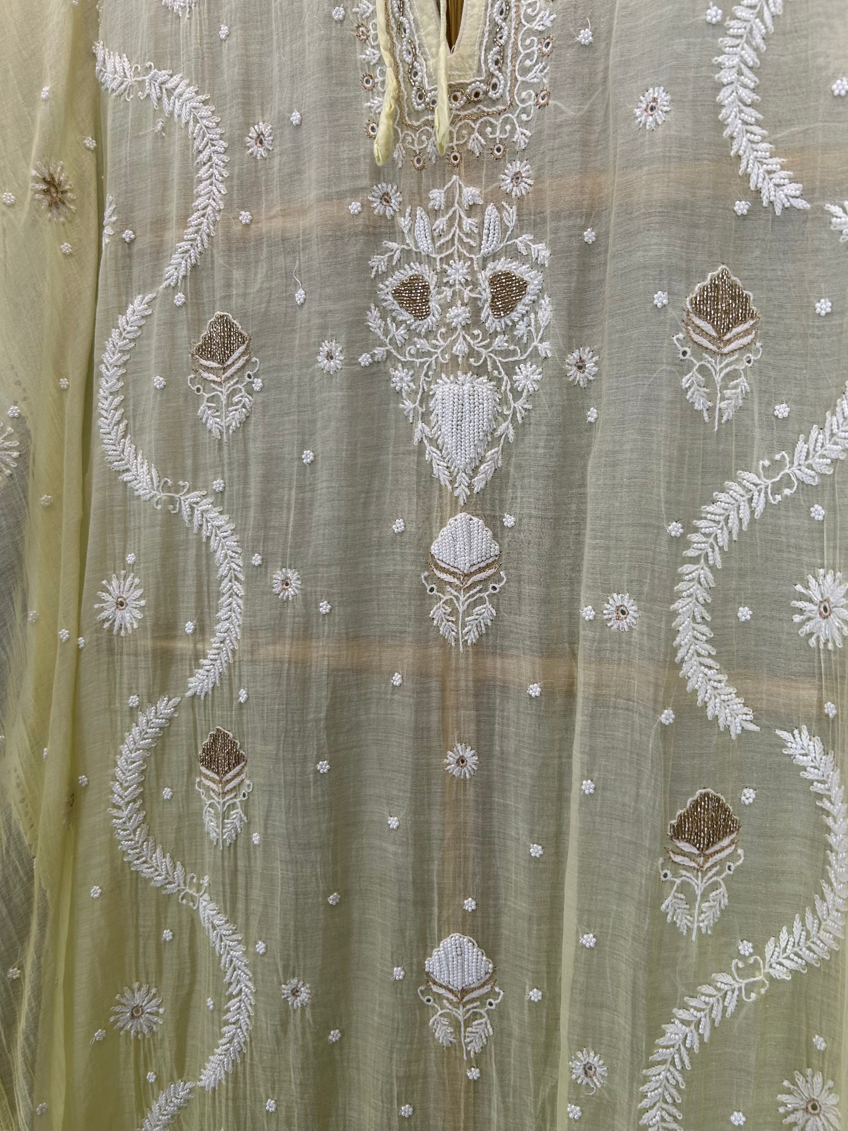 Lemon Yellow Mul Chanderi Chikankari Kaftan