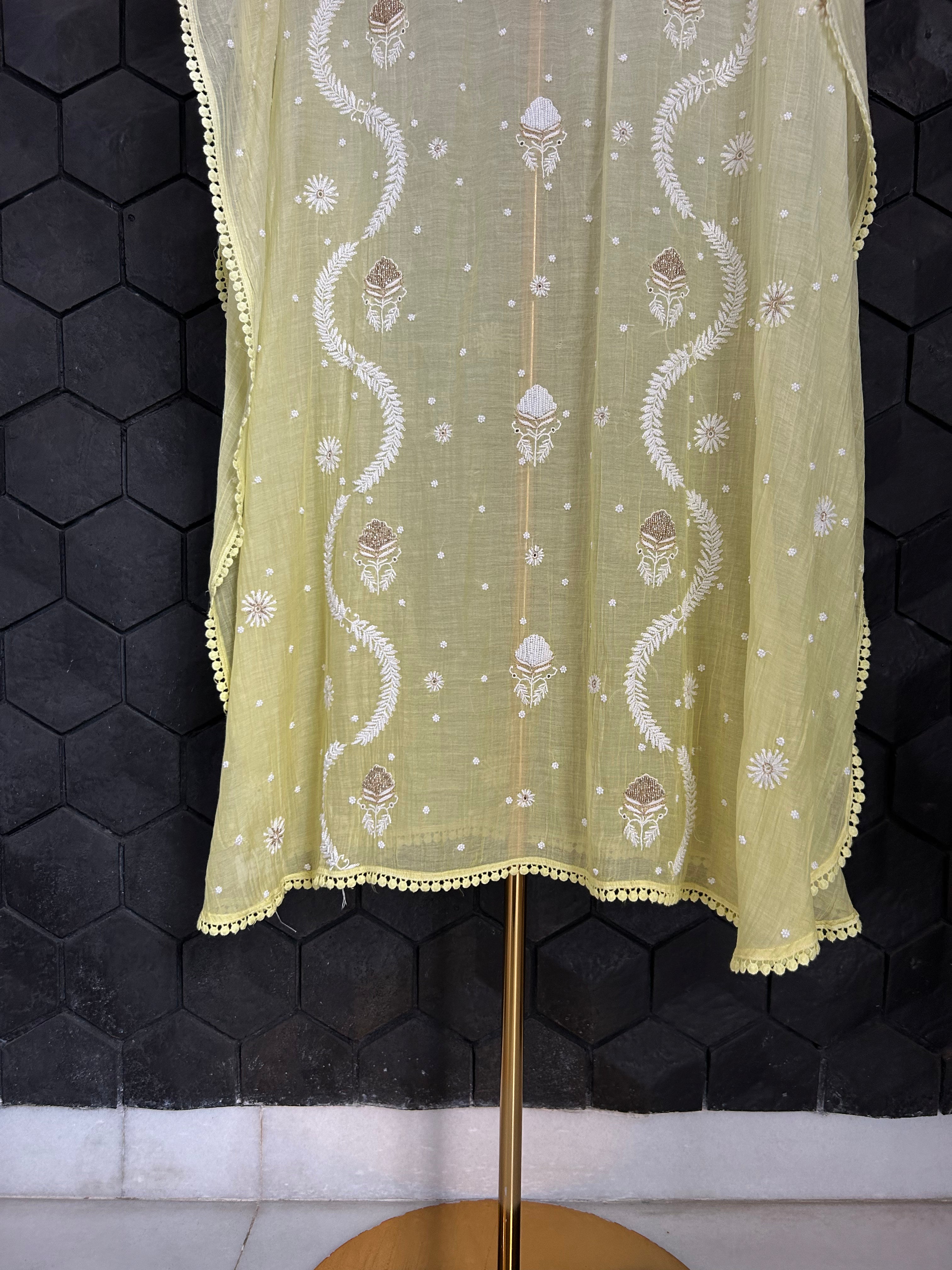 Lemon Yellow Mul Chanderi Chikankari Kaftan