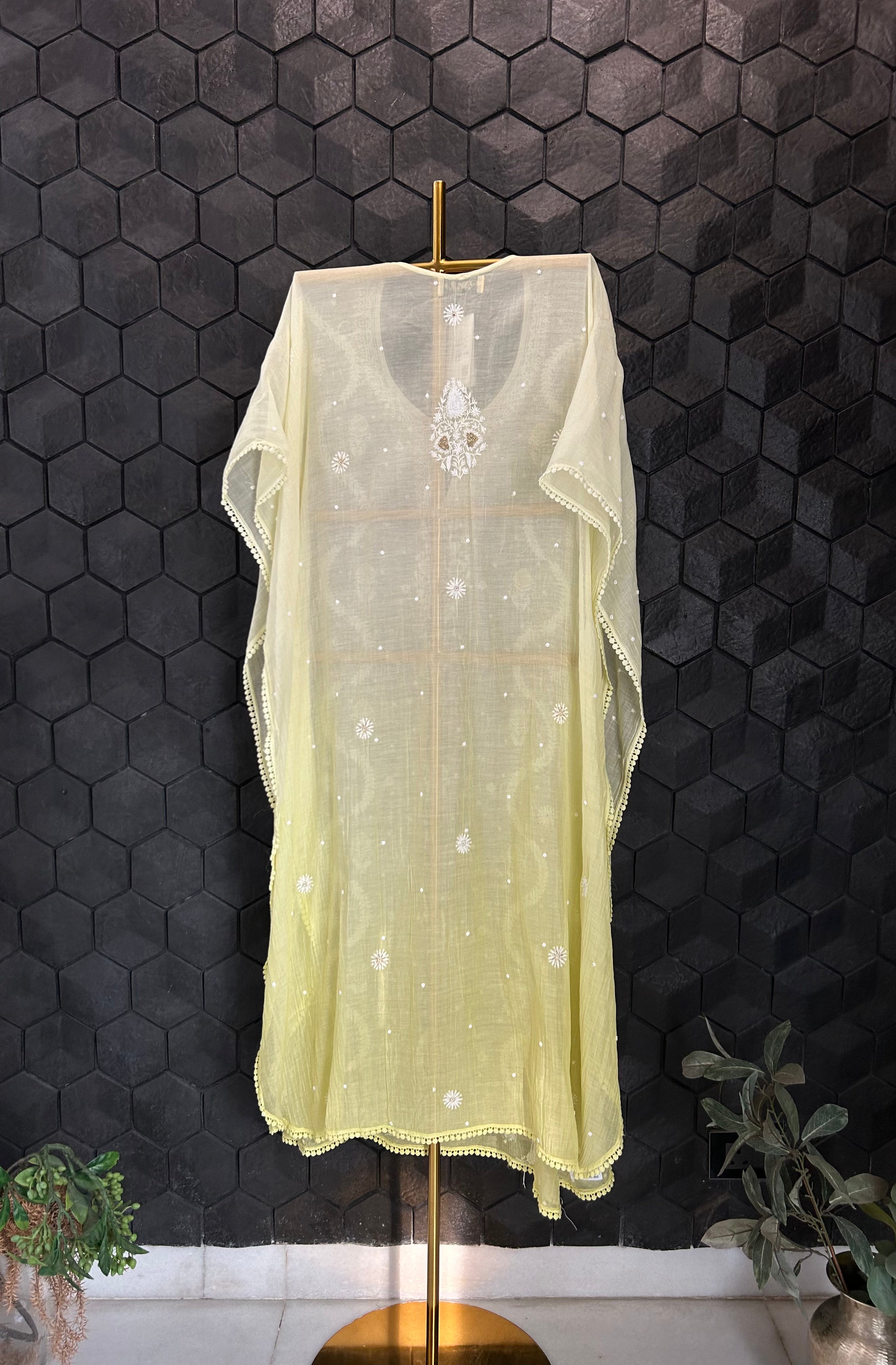 Lemon Yellow Mul Chanderi Chikankari Kaftan