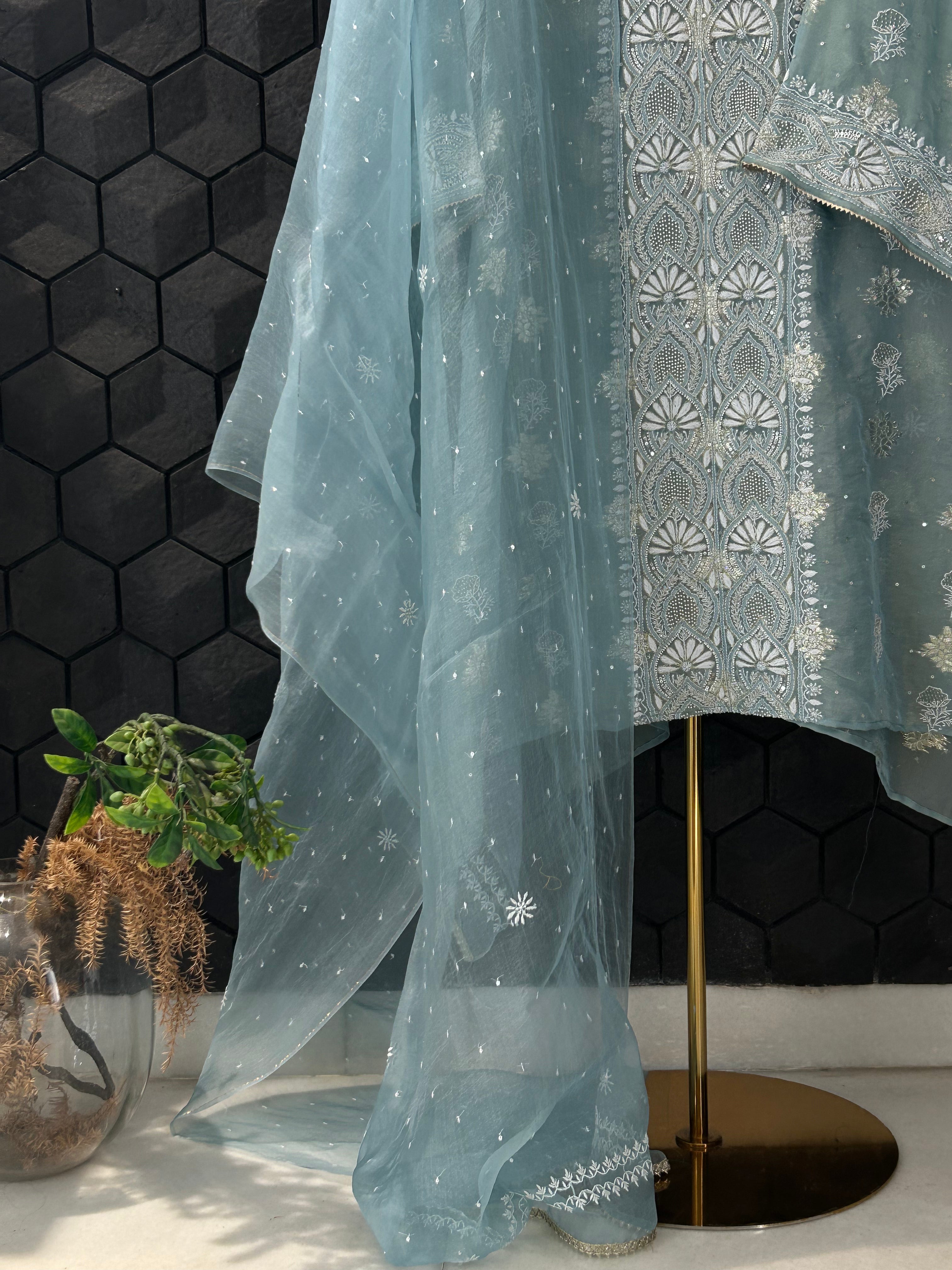 Turquoise Blue Shimmer Organza Chikankari Kurta Set