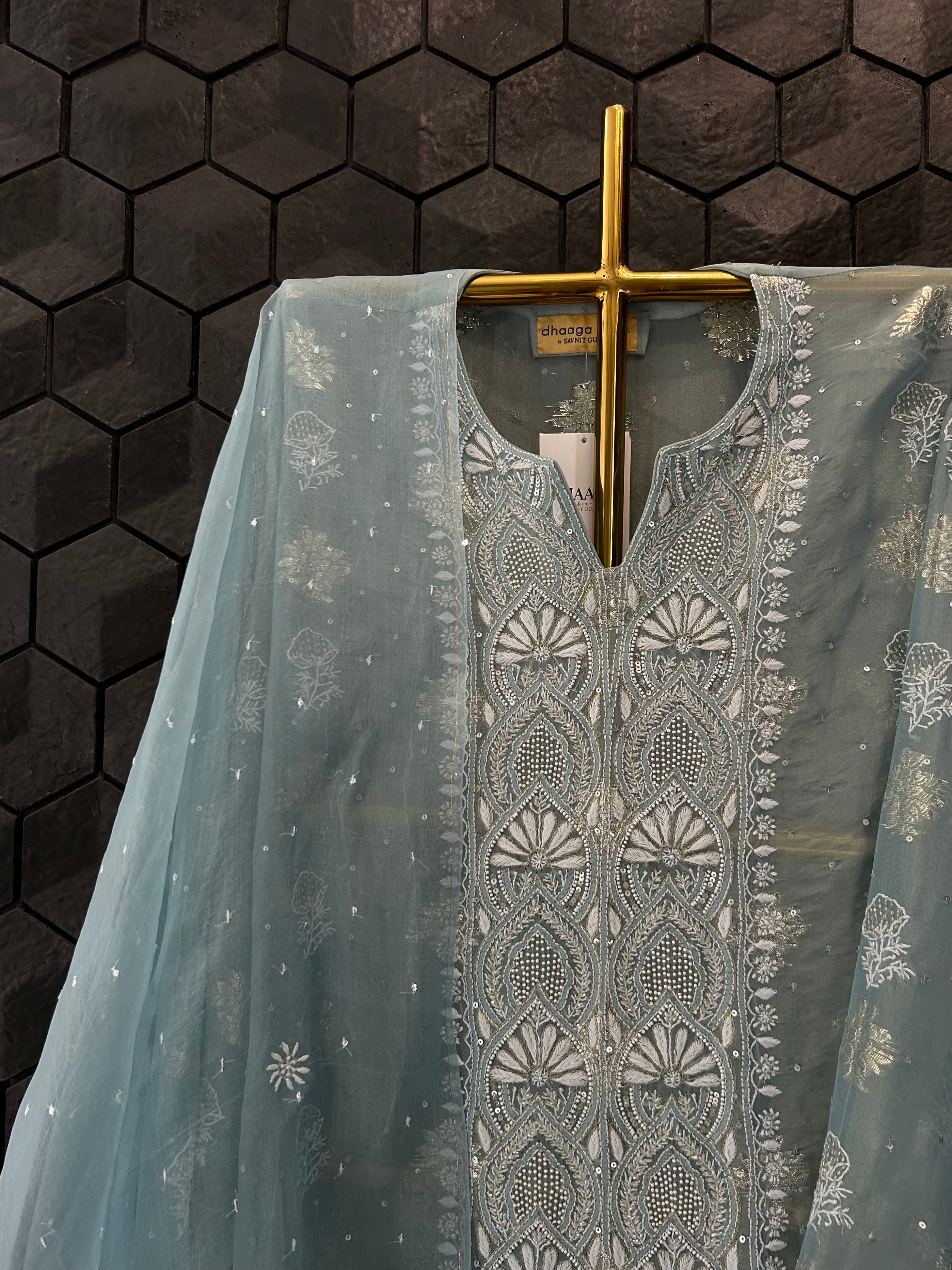 Turquoise Blue Shimmer Organza Chikankari Kurta Set