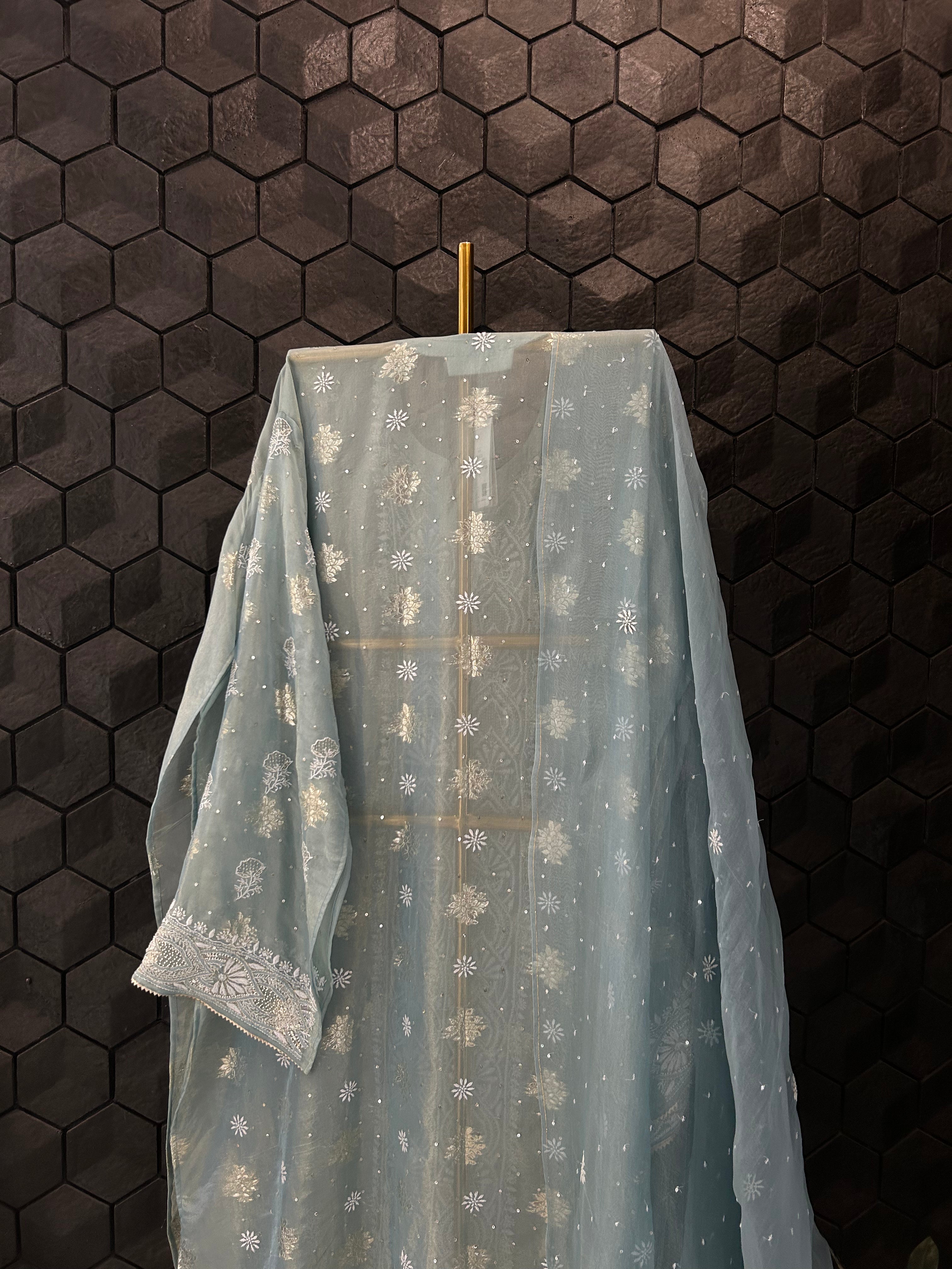 Turquoise Blue Shimmer Organza Chikankari Kurta Set
