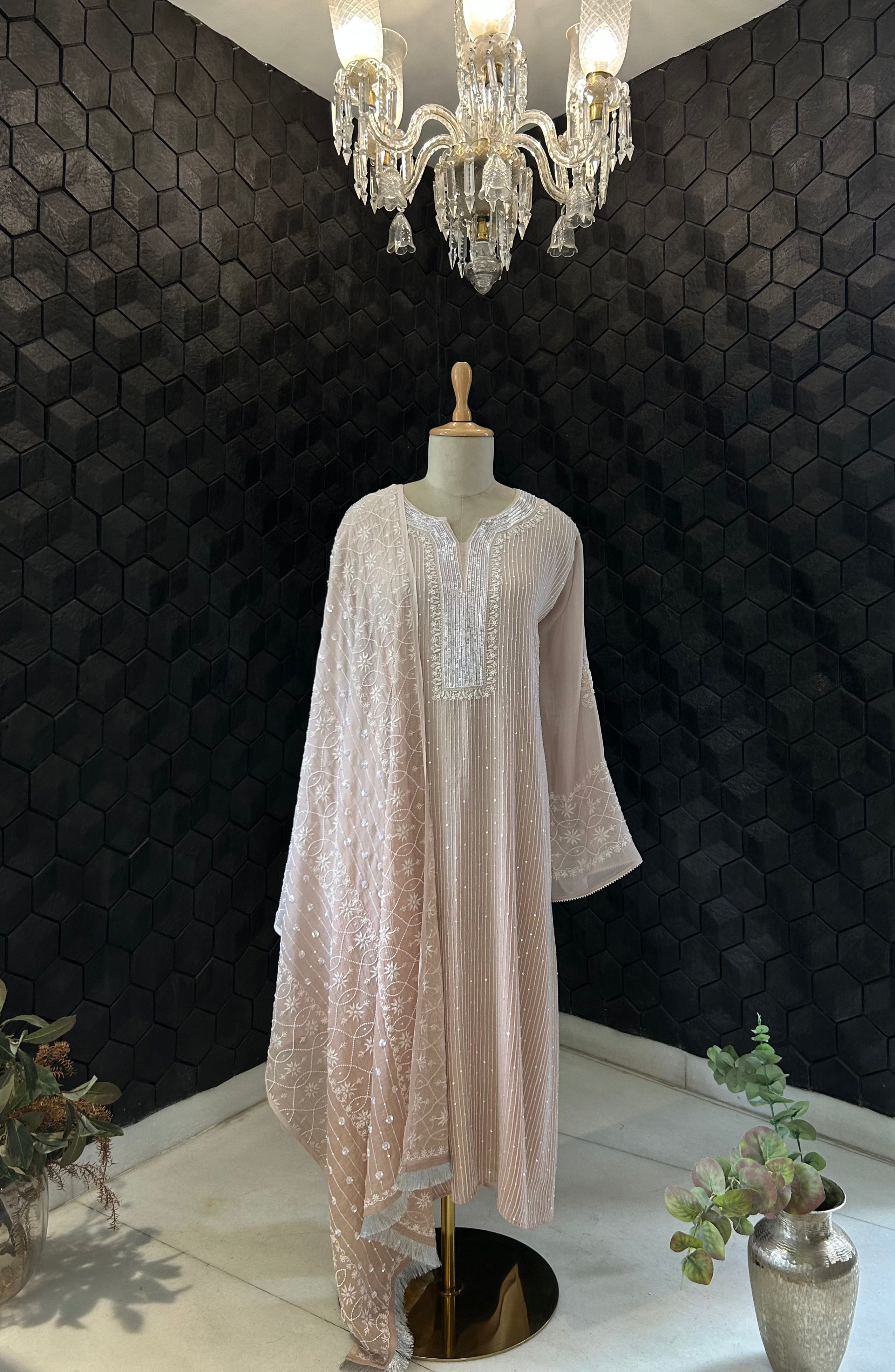 Pink Mul Chanderi Chikankari Kurta Set