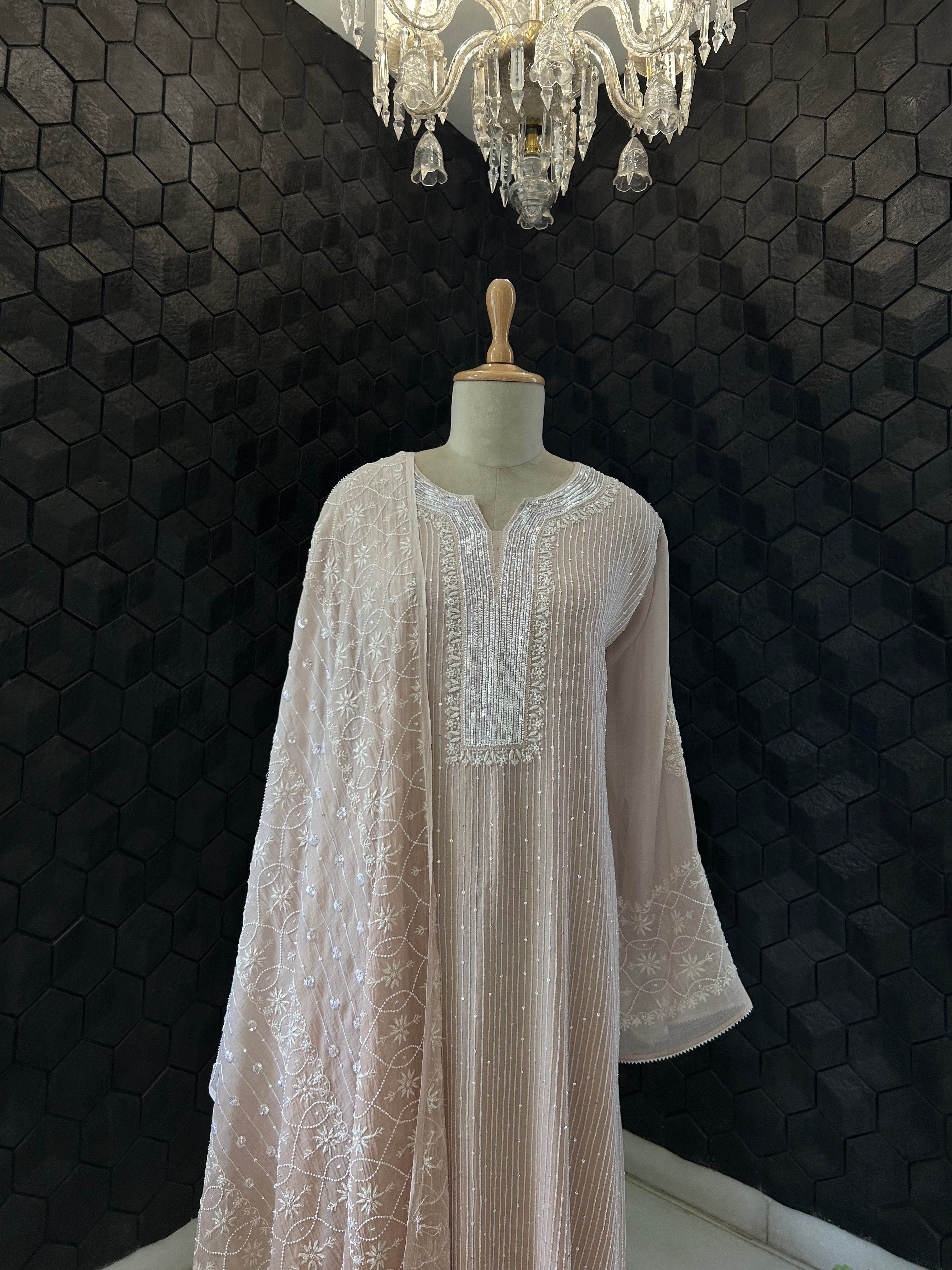 Pink Mul Chanderi Chikankari Kurta Set