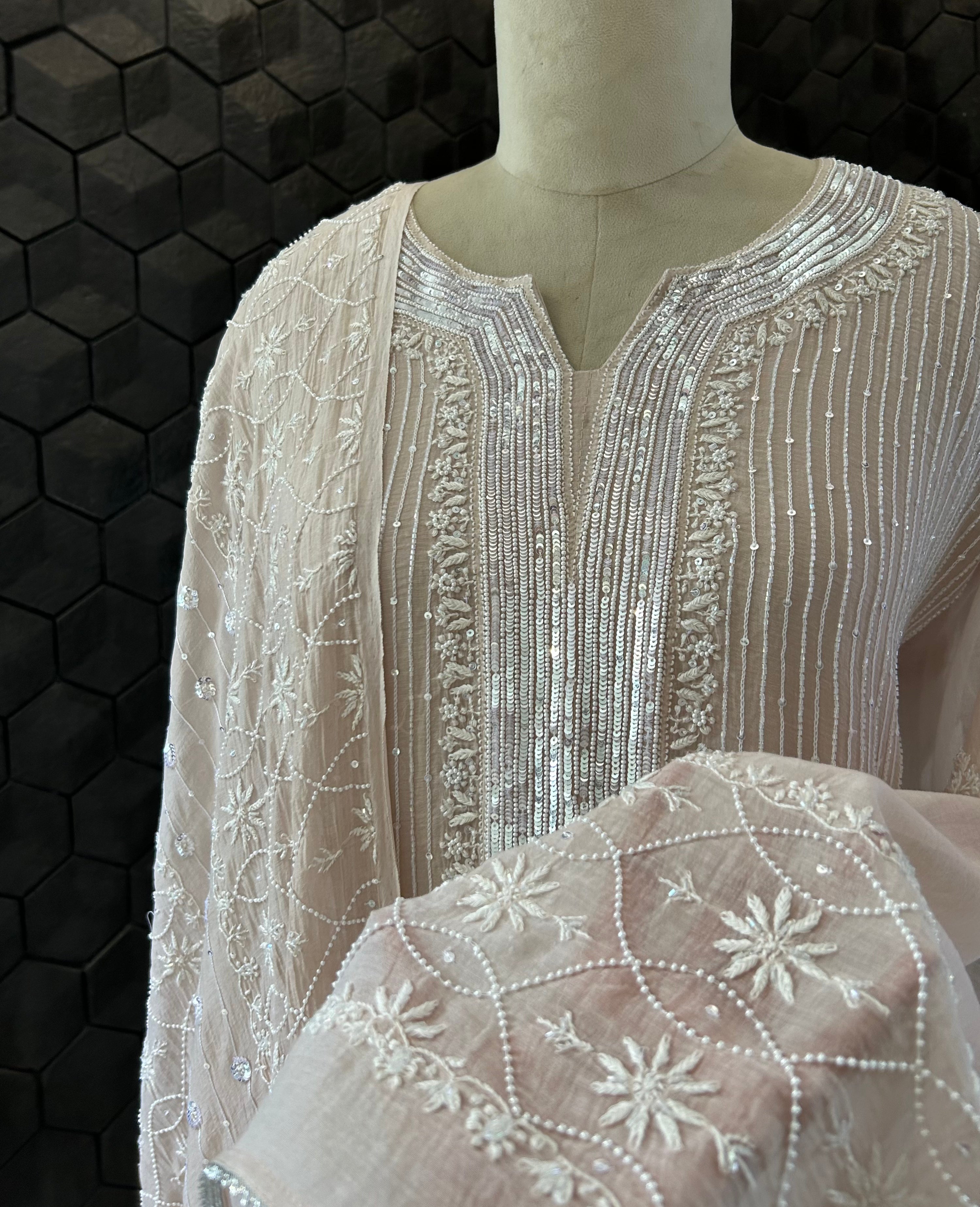 Pink Mul Chanderi Chikankari Kurta Set